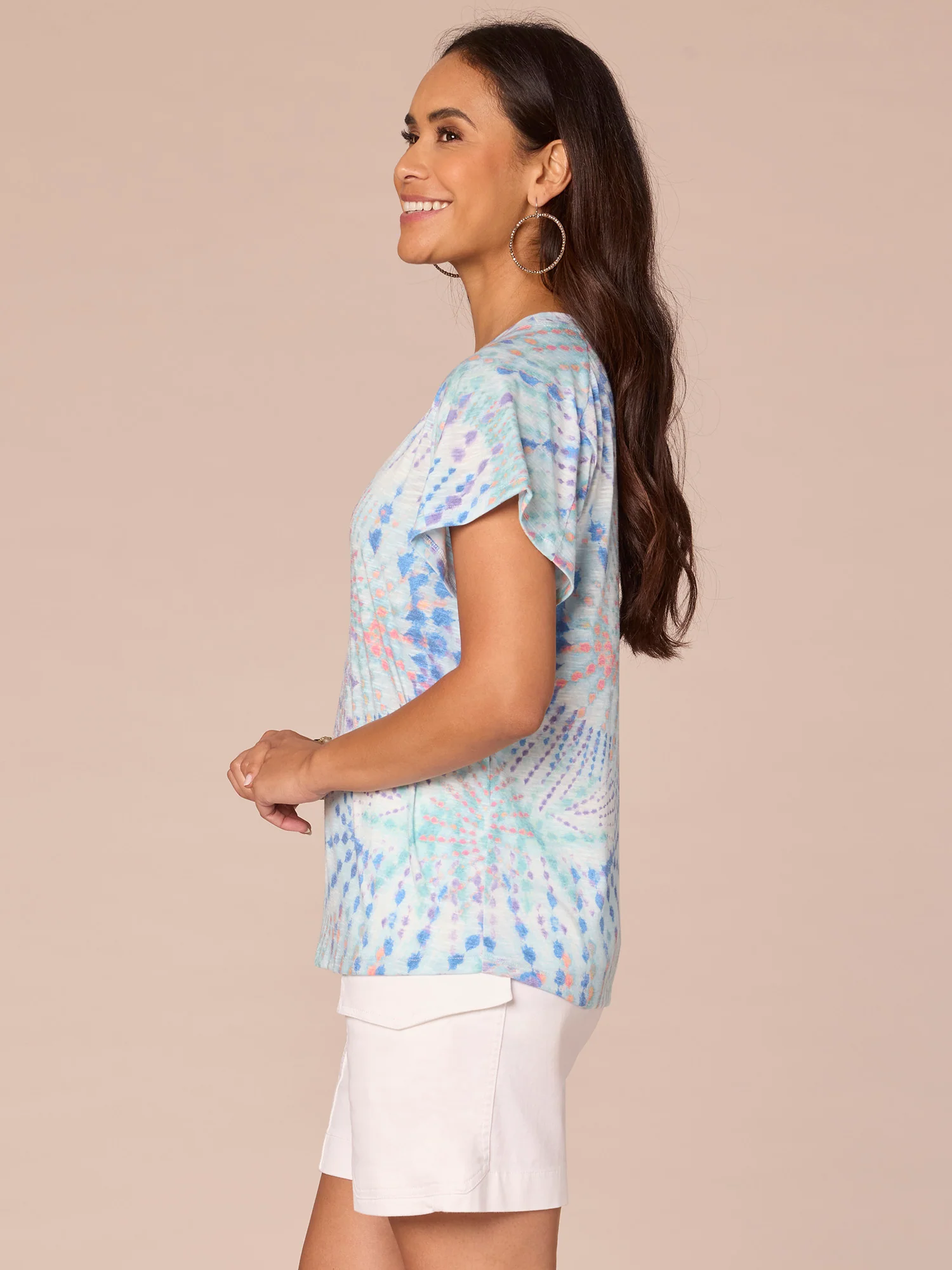 Petite Short Sleeve Scoop Neck Printed Knit Boyfriend Tee - Legahigh