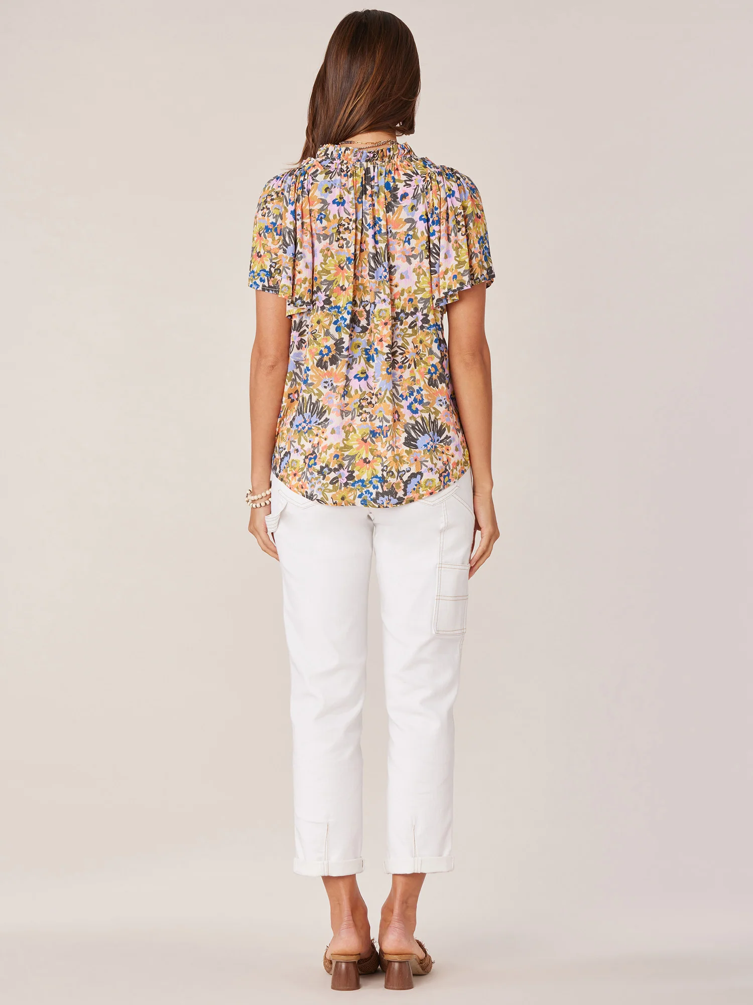 Short Bell Sleeve Ruffle Edge V-Neck Floral Print Woven Top - Legahigh