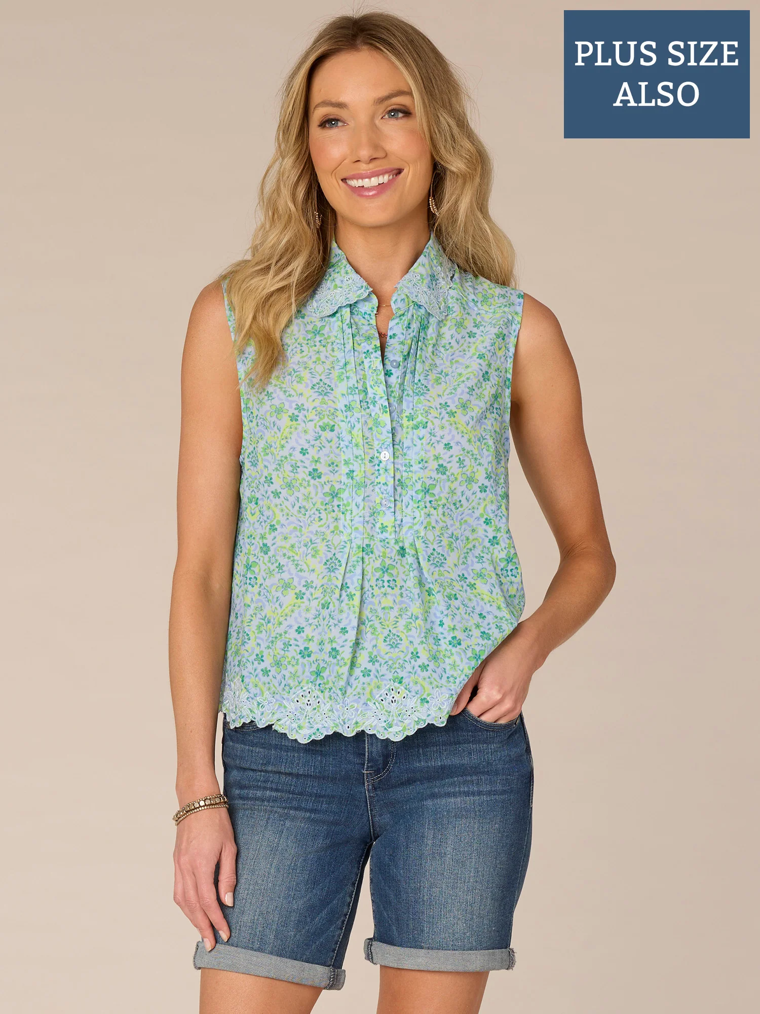 Sleeveless Collared Scallop Edge Half Placket Plus Size Woven Top - Legahigh