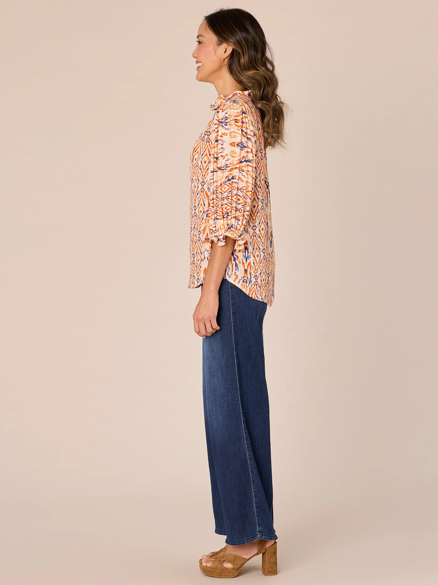 Below Elbow Sleeve Curl Edge Neck Printed Petite Woven Top - Legahigh