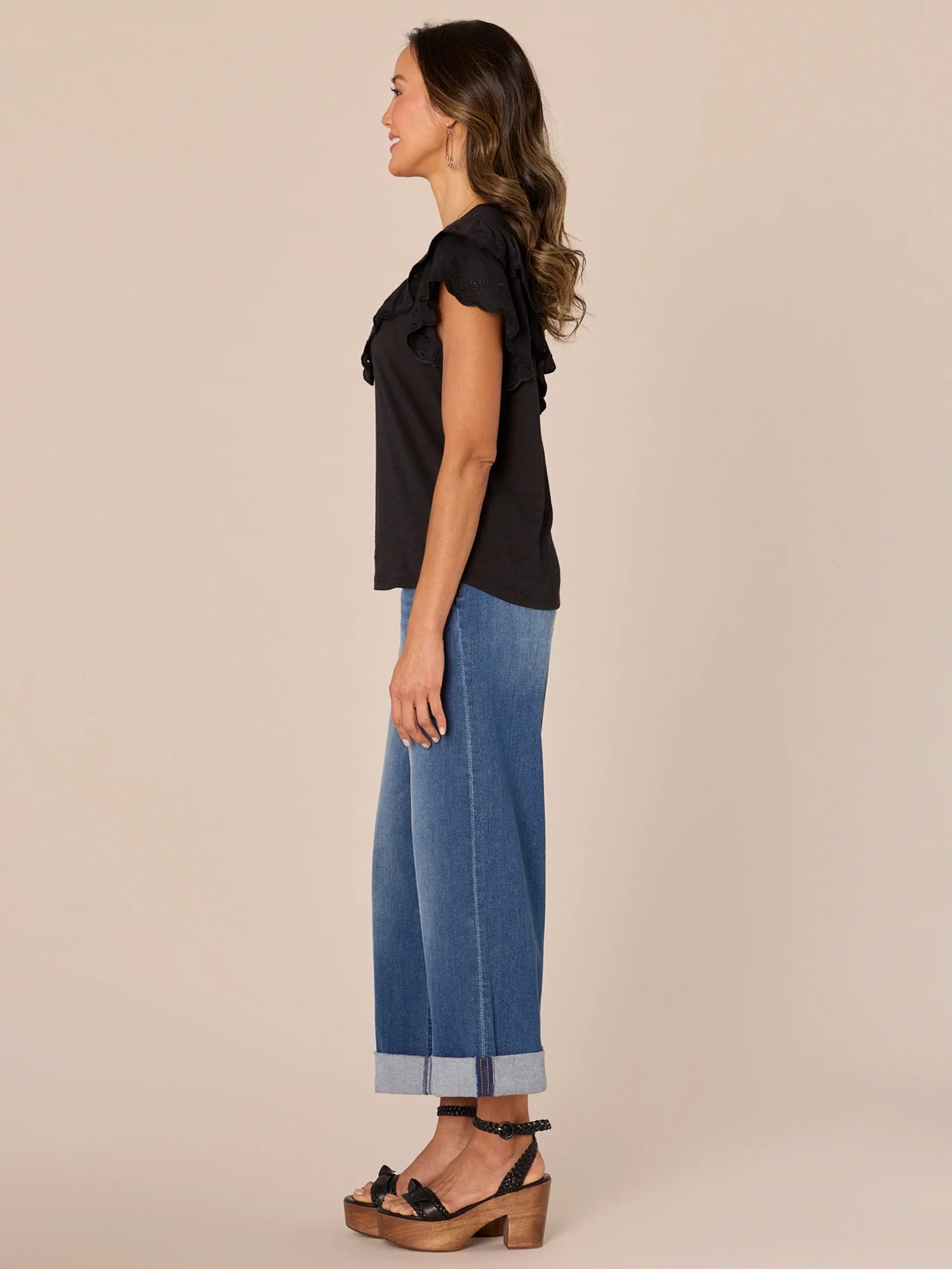 Short Double Ruffle Raglan Sleeve Scoop Neck Embroidered Knit Top - Legahigh