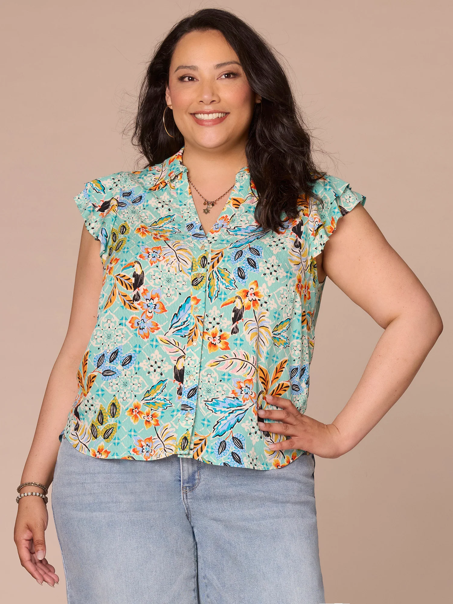 Double Flutter Sleeve Collared V-Neck Leaf Print Plus Size Woven Top - Legahigh