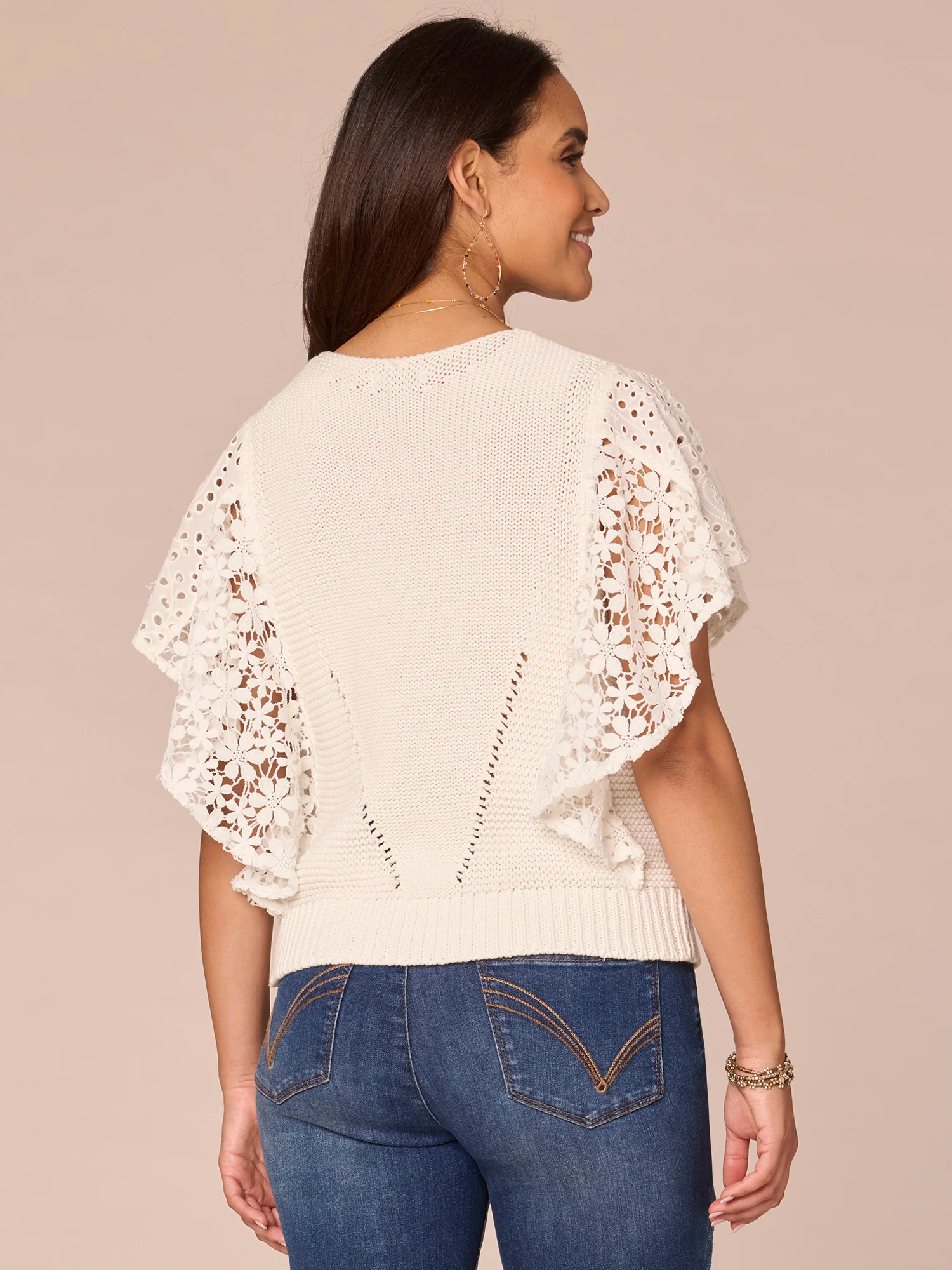 Flutter Sleeve V-Neck Mixed Media Top with Die Cut Embroidery - Legahigh