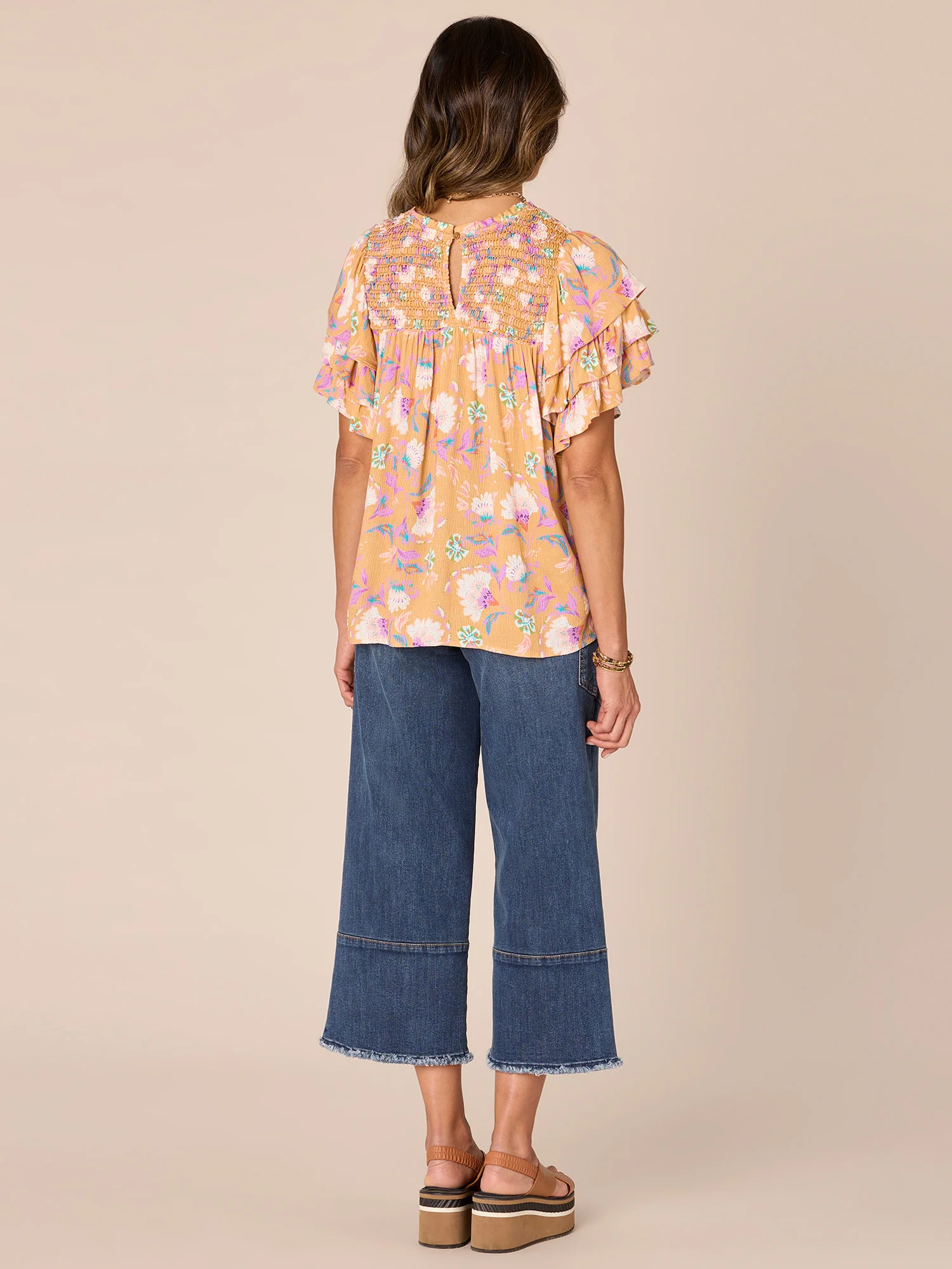 Short Triple Ruffle Sleeve Round Neck Smock Yoke Printed Woven Top - Legahigh