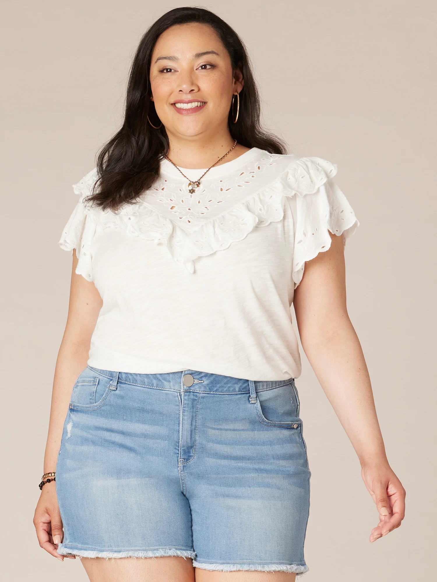 Short Ruffle Raglan Sleeve Scoop Neck V-Yoke Plus Size Knit Top - Legahigh