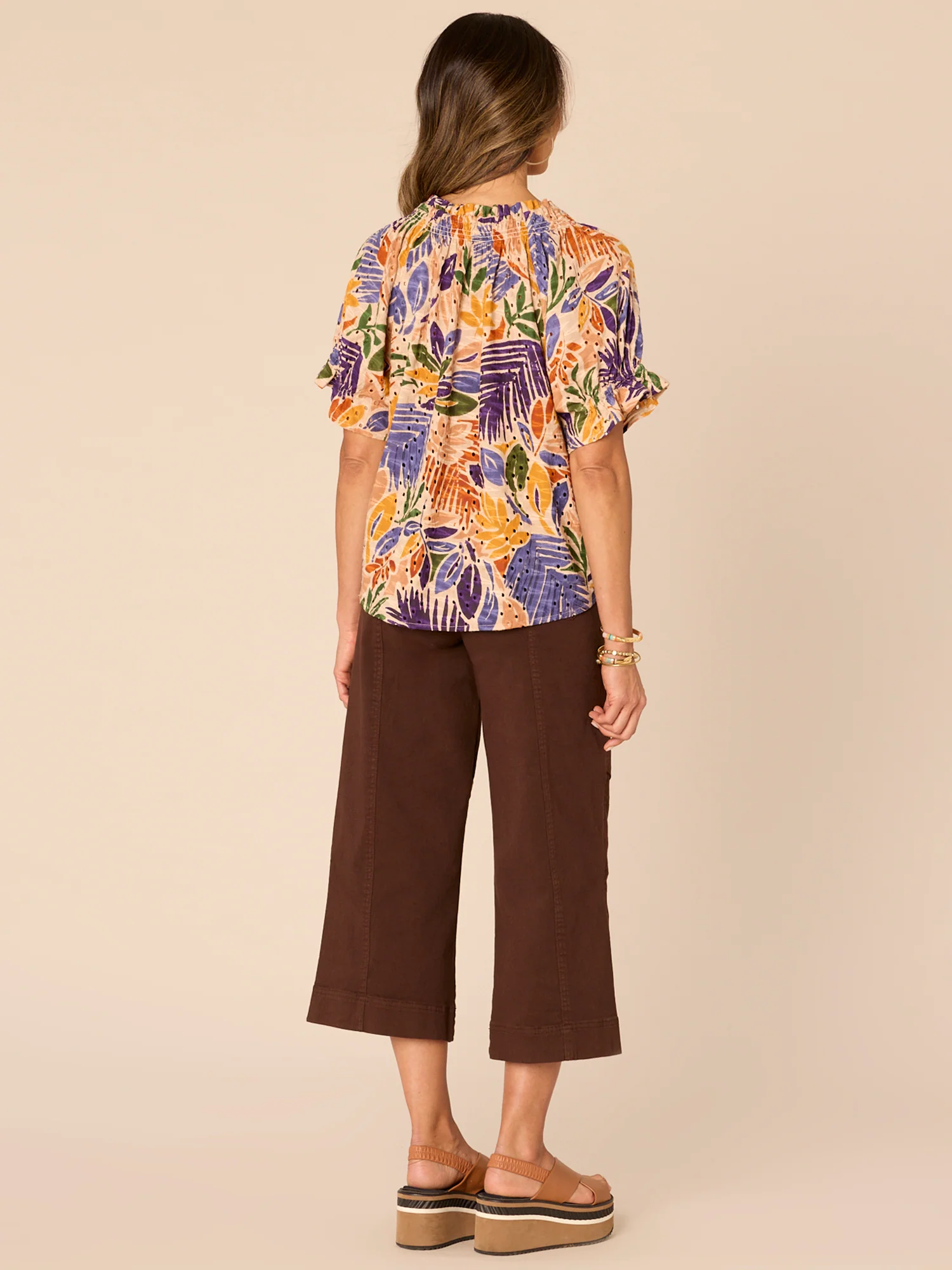 Half Smocked Short Sleeve Round Neck Printed Plus Size Woven Top - Legahigh