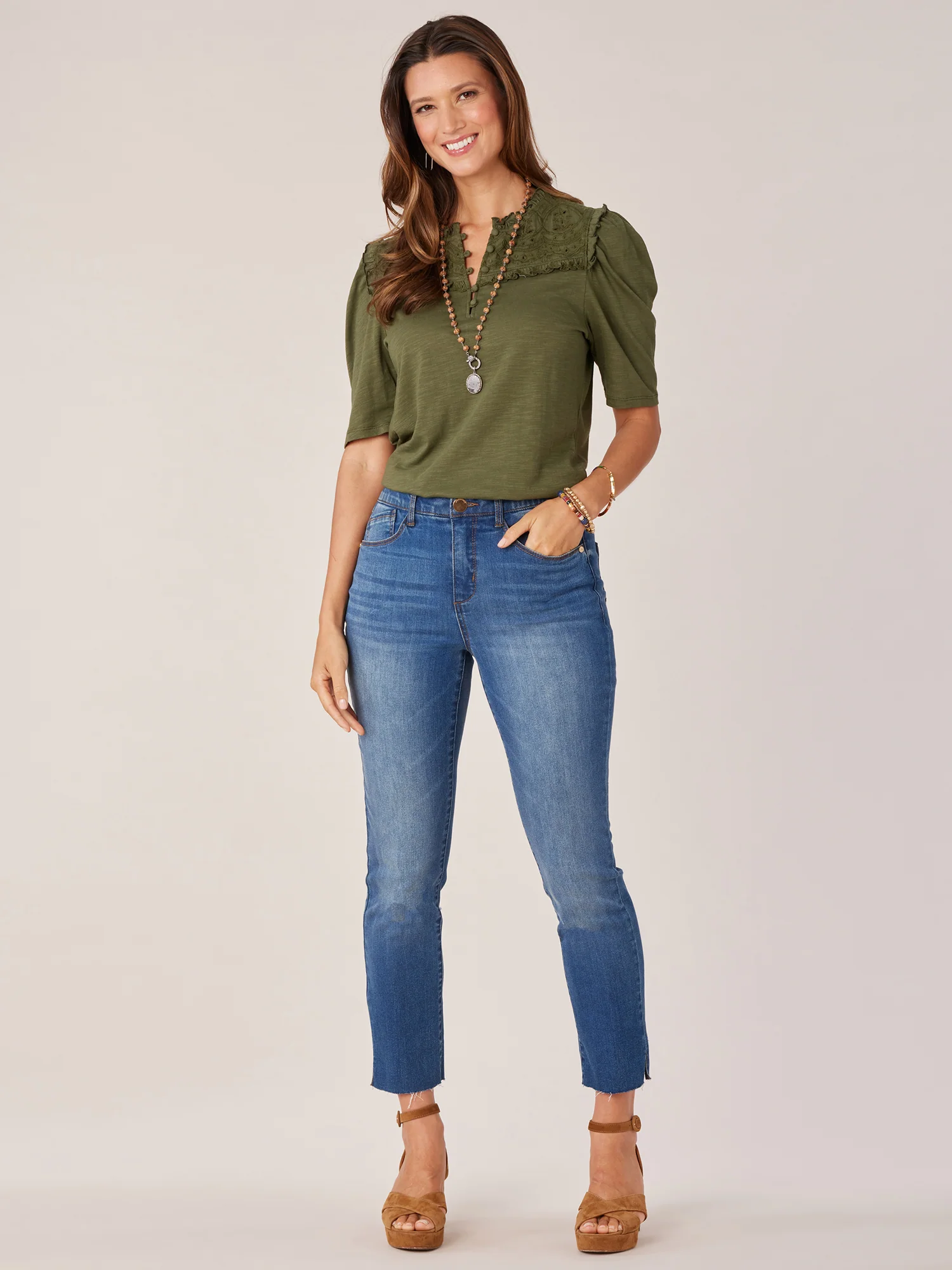 Round Ruffle Neck Elbow Puff Sleeve Half Button Down Knit Top - Legahigh