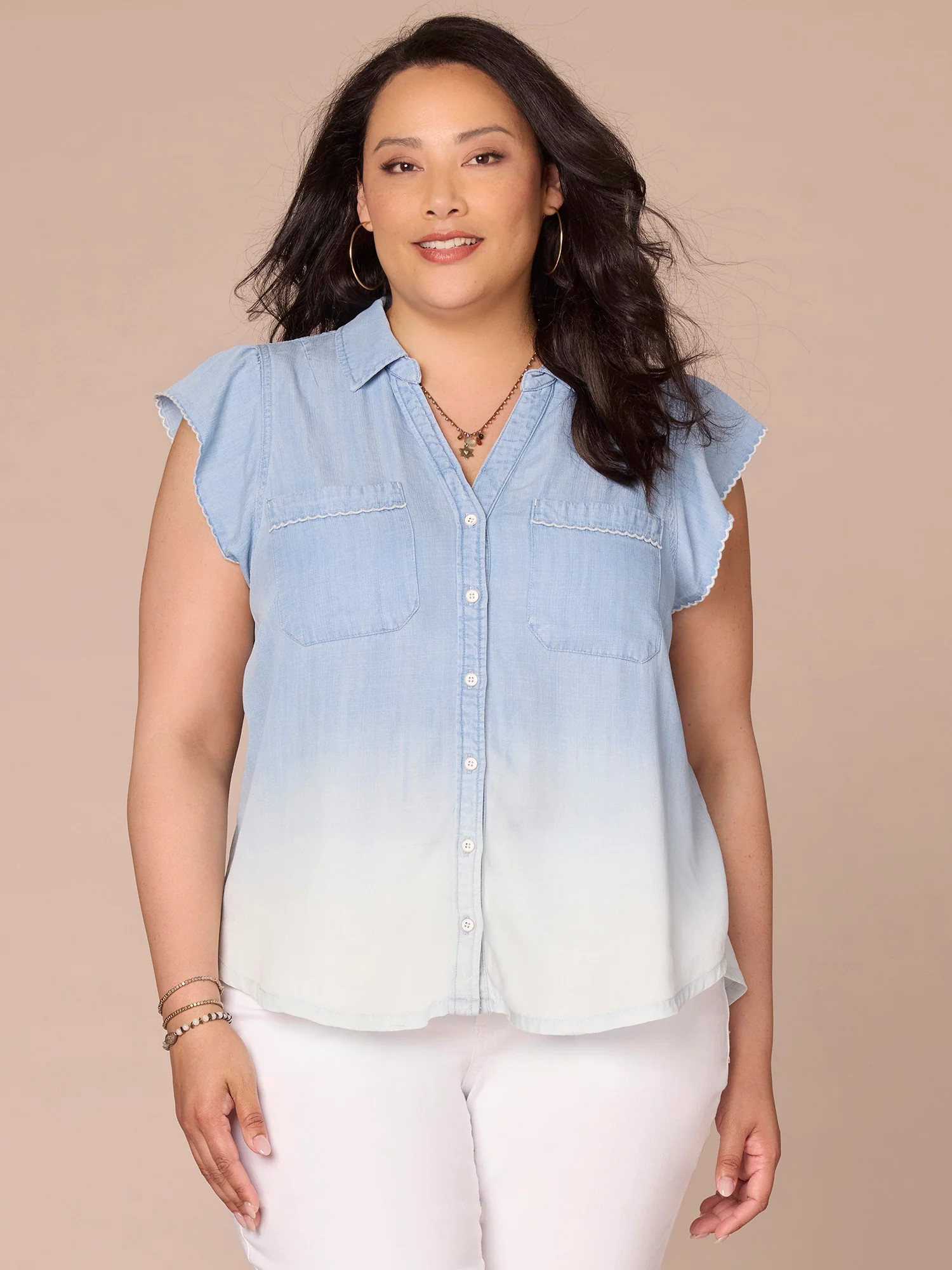 Flutter Sleeve Collared V-Neck Scallop Detail Plus Size Woven Shirt - Legahigh