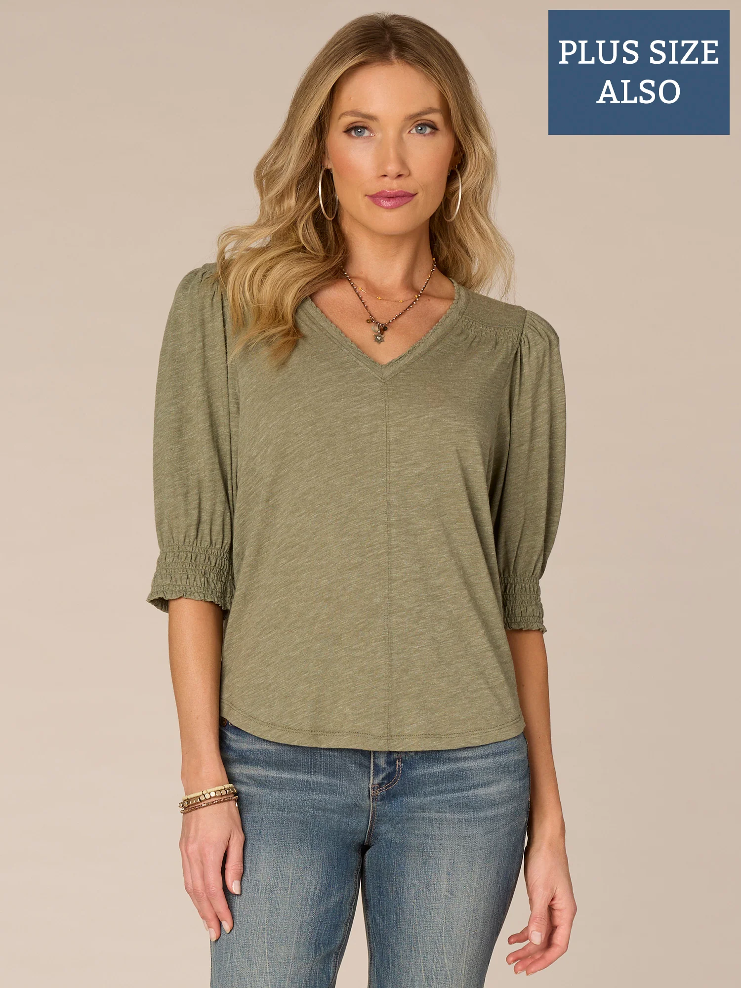 Blouson Sleeve V-Neck Plus Size Knit Top with Smocking Detail - Legahigh