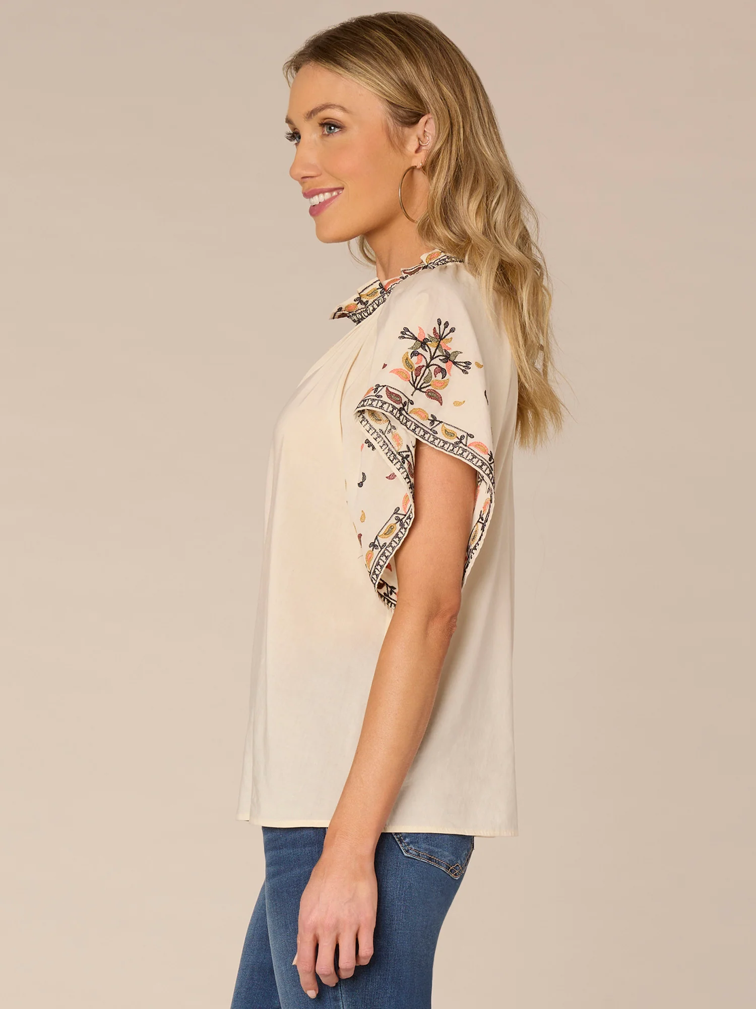 Batwing Sleeve Ruffle Split Neck Woven Top with Embroidered Framing - Legahigh
