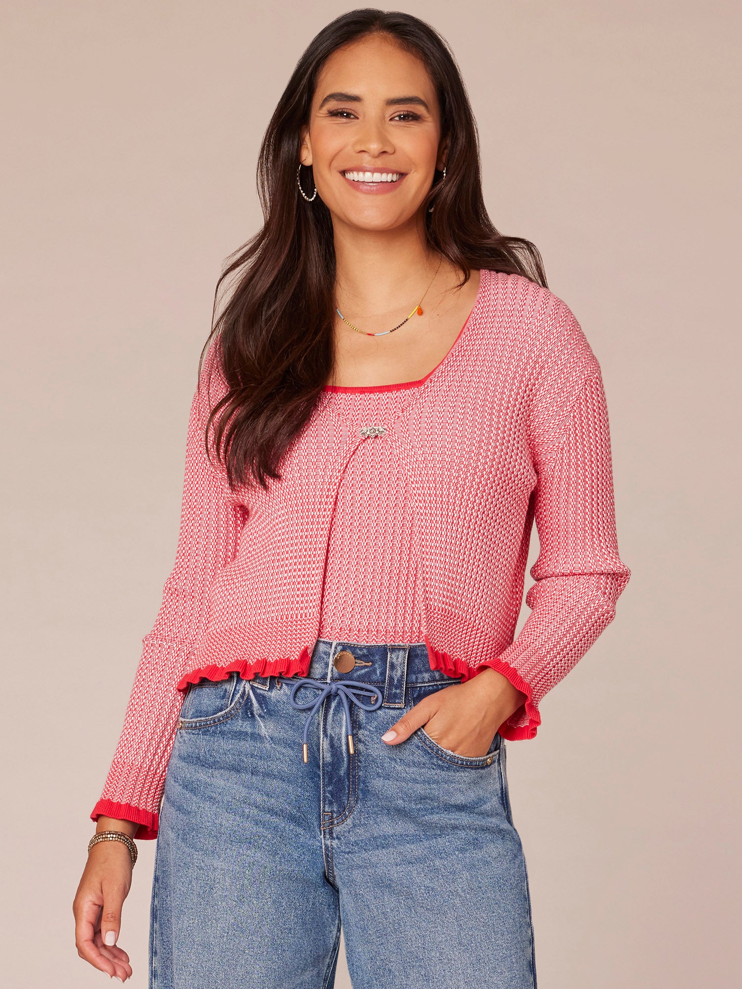 Long Sleeve Front Closure Sweater Cardigan with Tipping Detail - Legahigh