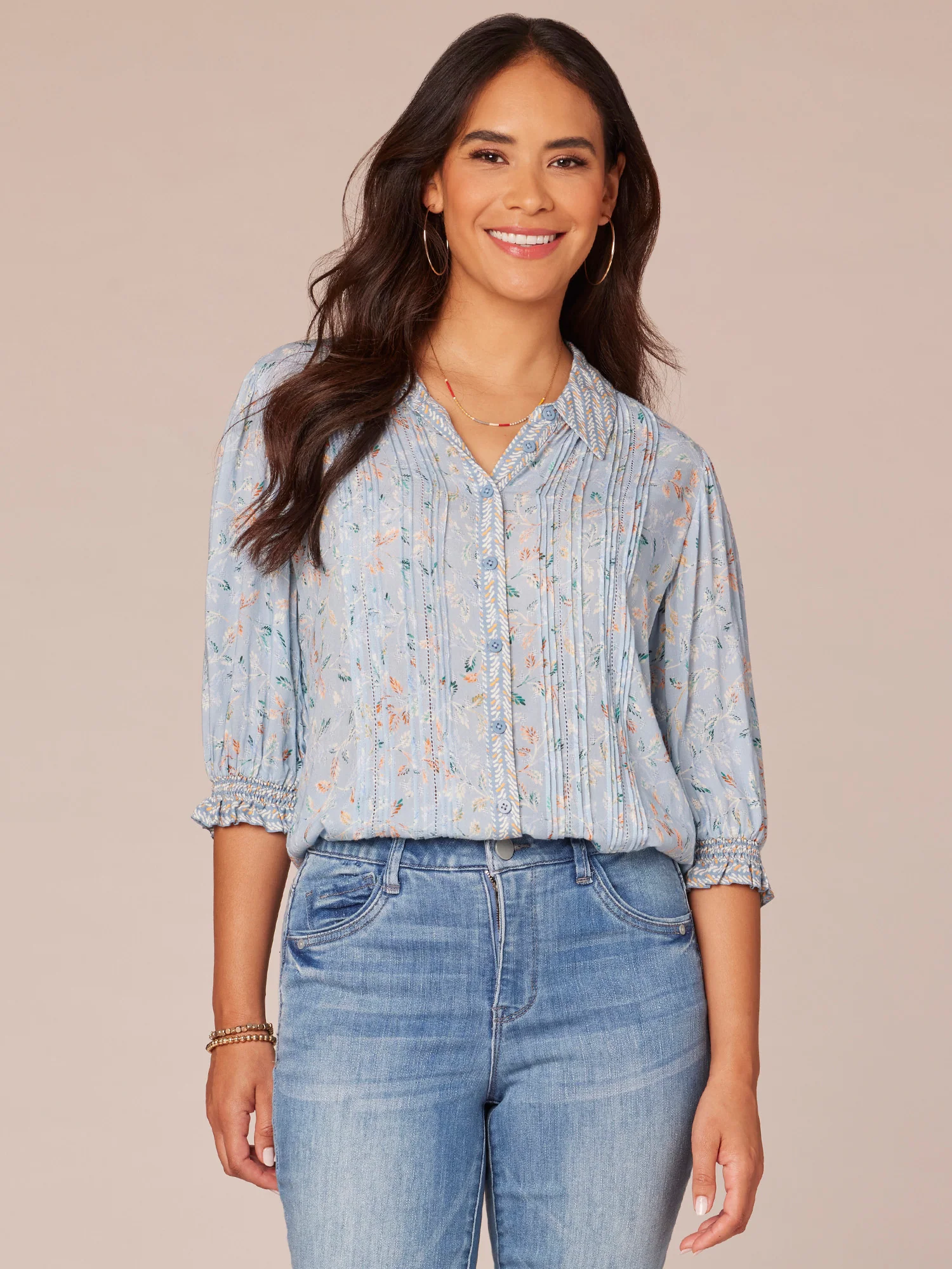Elbow Sleeve Pintuck Picot Button Front Placement Print Woven Shirt - Legahigh