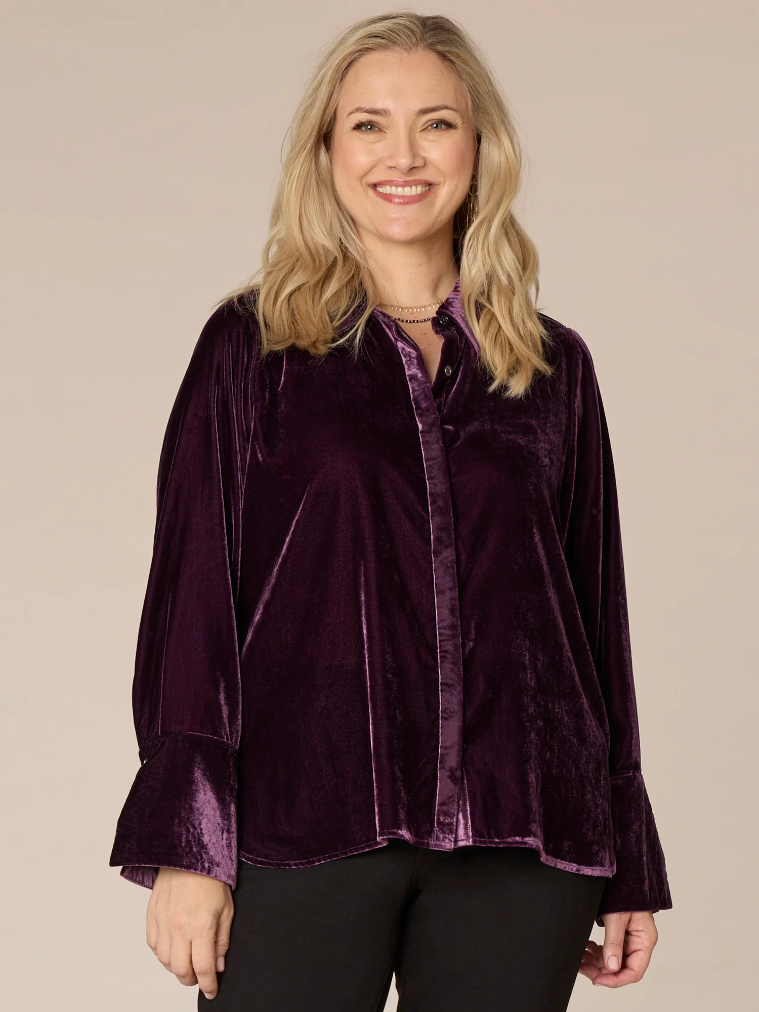 Long Sleeve Button Down Velvet Plus Size Woven Shirt with French Cuffs - Legahigh