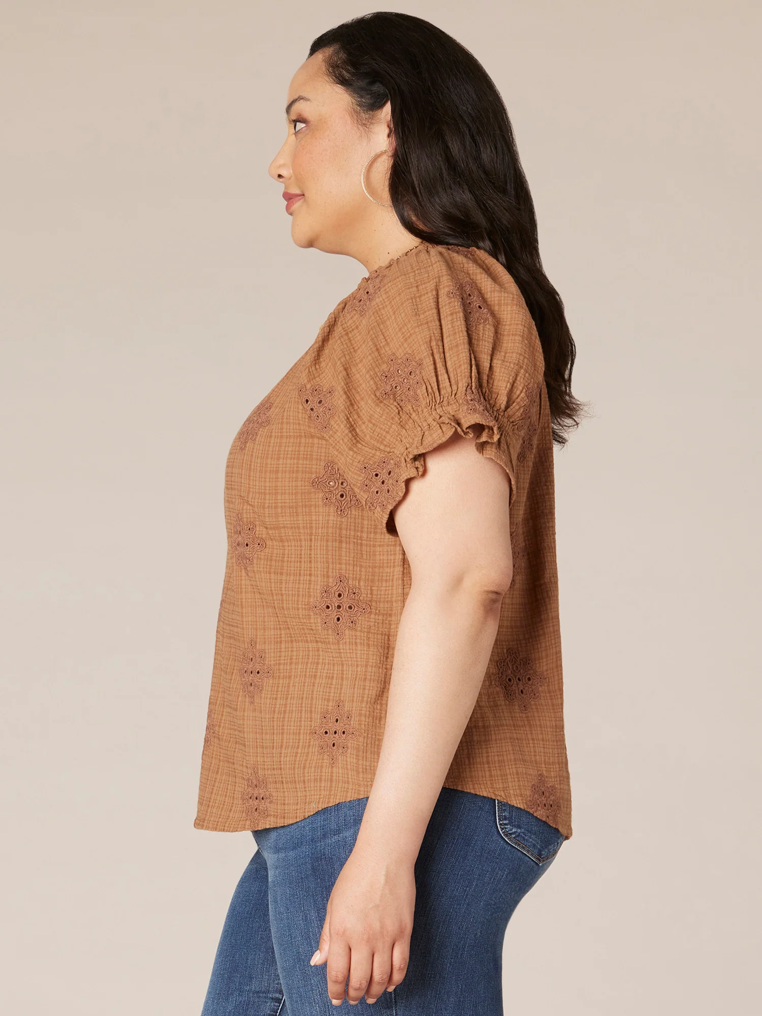 Short Sleeve Round Smock Neck Embroidered Plus Woven Top - Legahigh