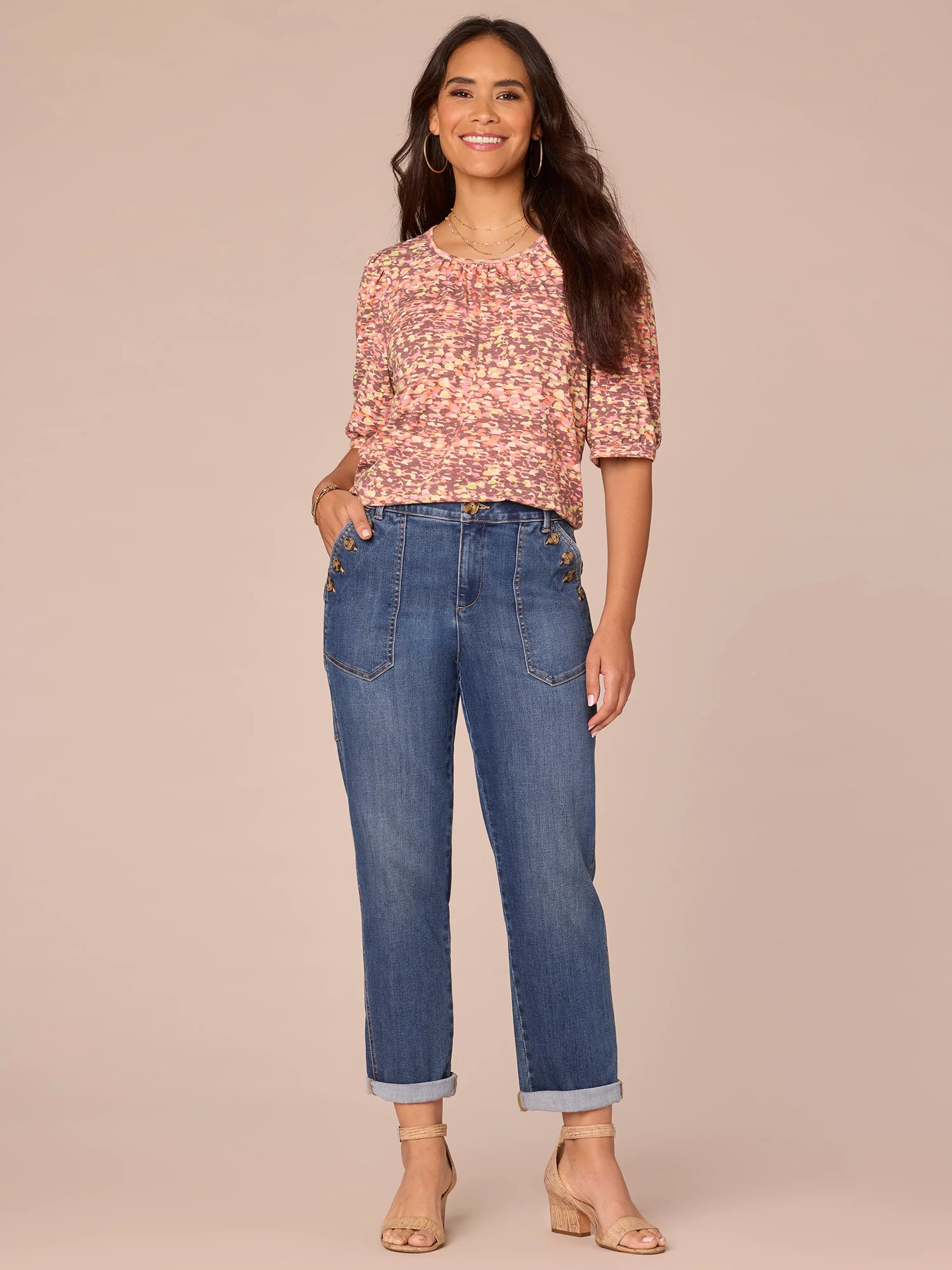 Elbow Puff Blouson Sleeve Ruched Crew Neck Printed Petite Knit Top - Legahigh