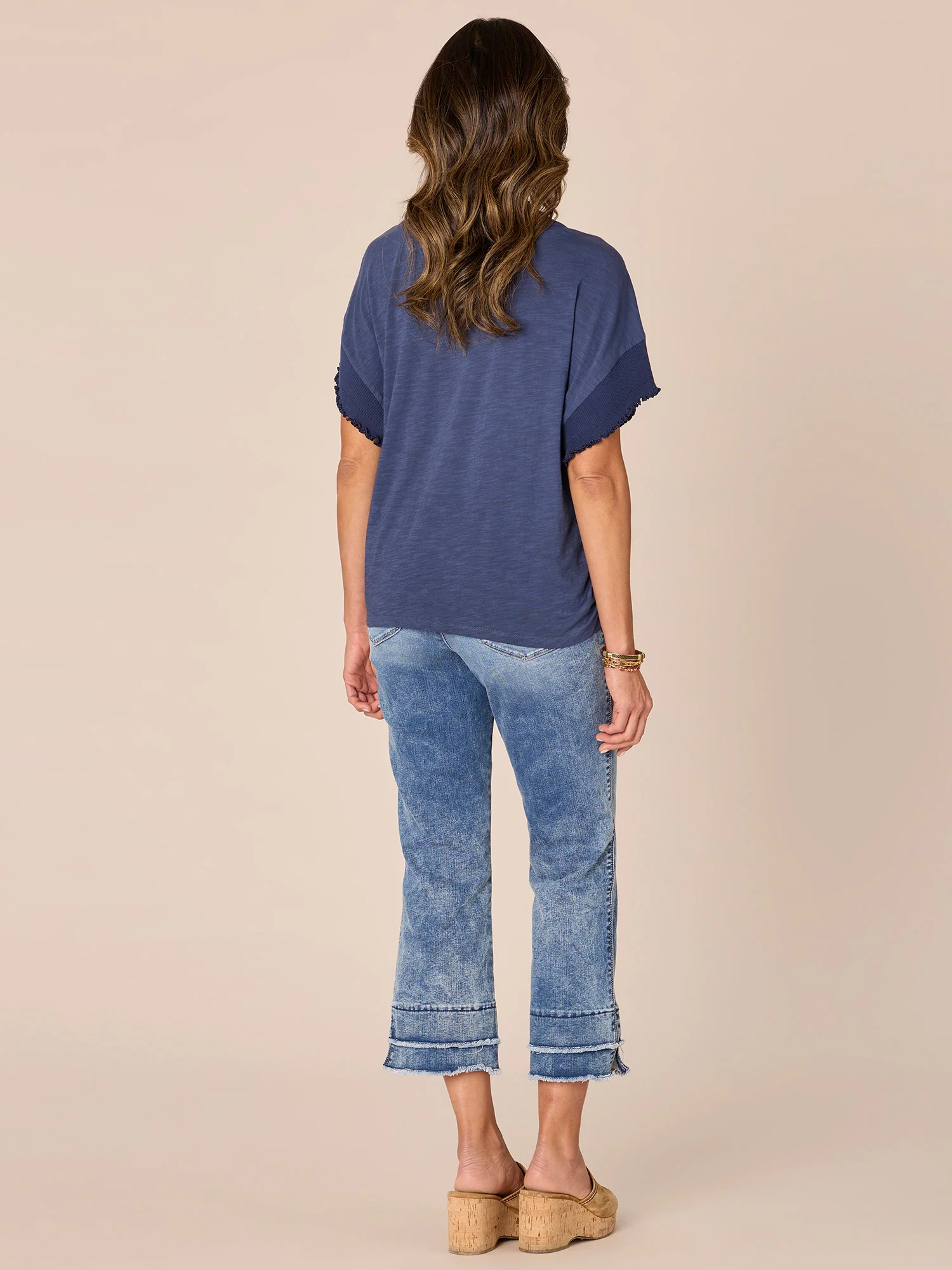 Extended Short Sleeve Round Neck Woven Top with Metallic Tipping - Legahigh