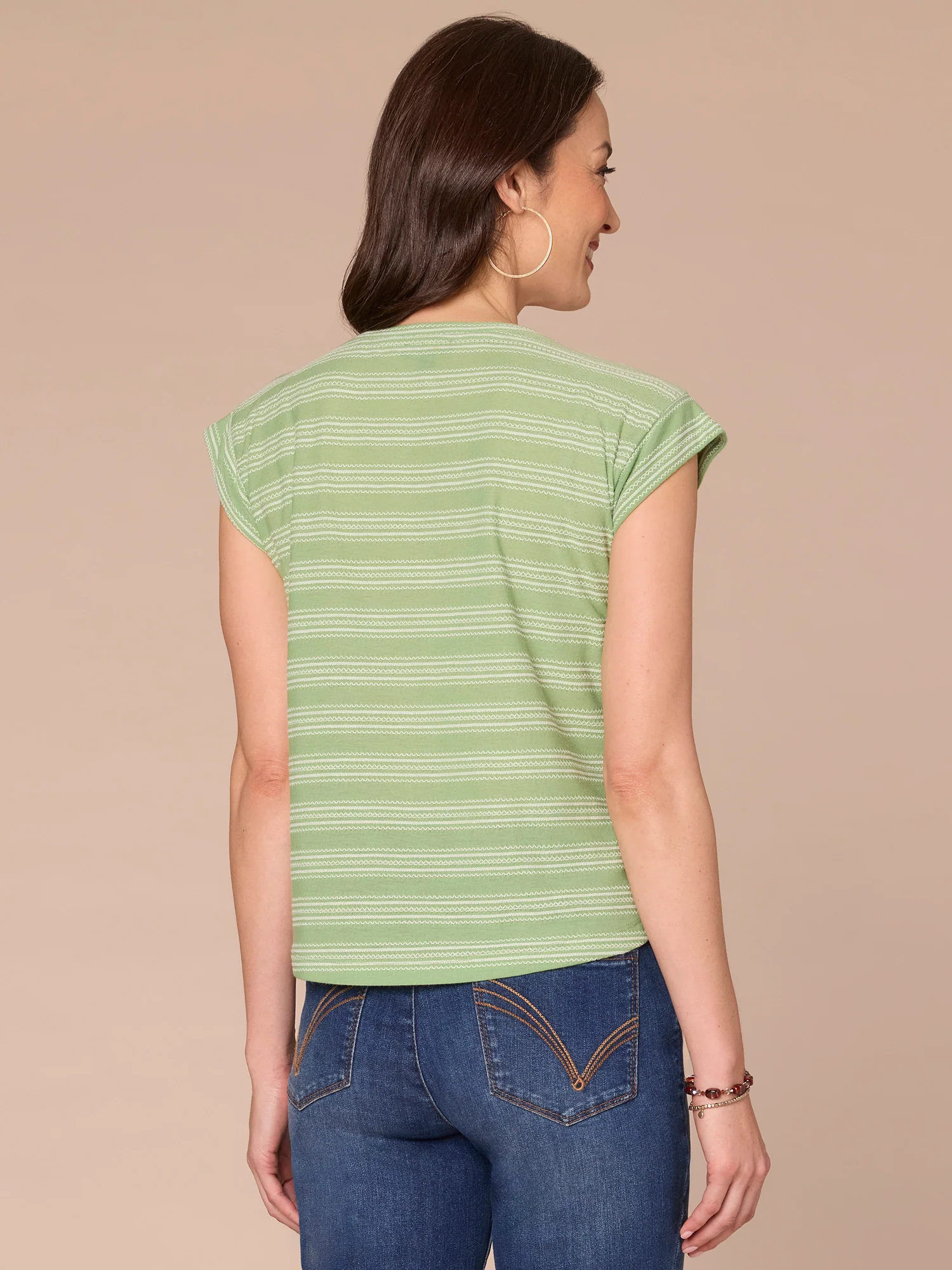 Cap Sleeve Scoop Neck Petite Knit Top with Embroidered Stripes - Legahigh