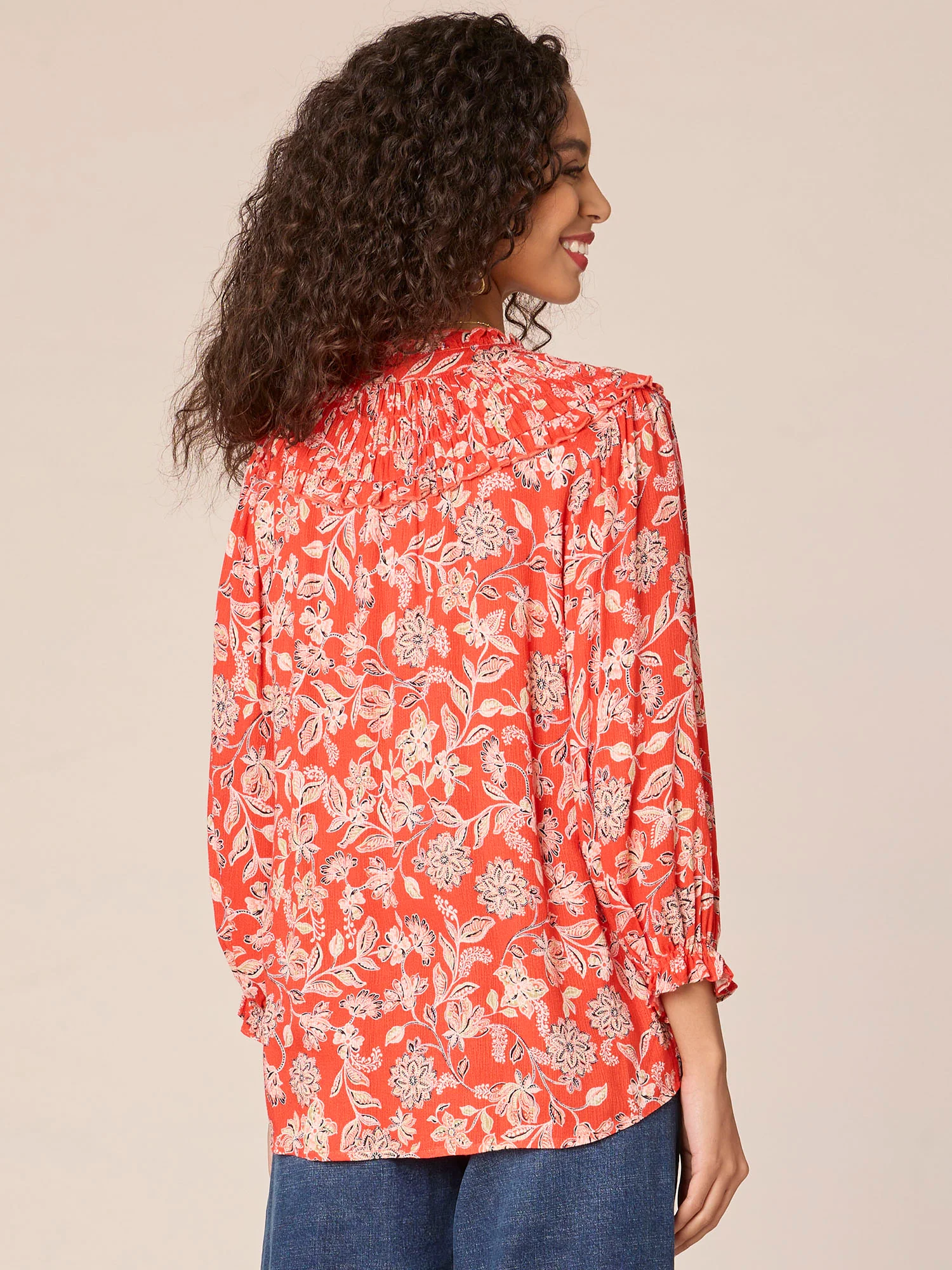 Blouson Sleeve Ruffle V-Neck Button Down Floral Printed Woven Top - Legahigh