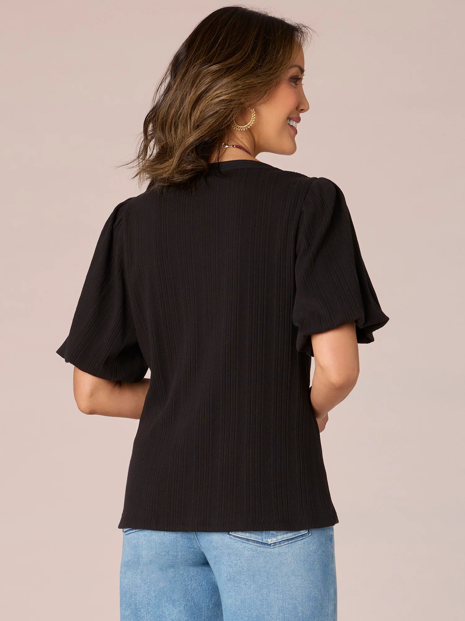 Short Blouson Puff Shoulder Sleeve Scoop Neck Mixed Media Knit Top - Legahigh