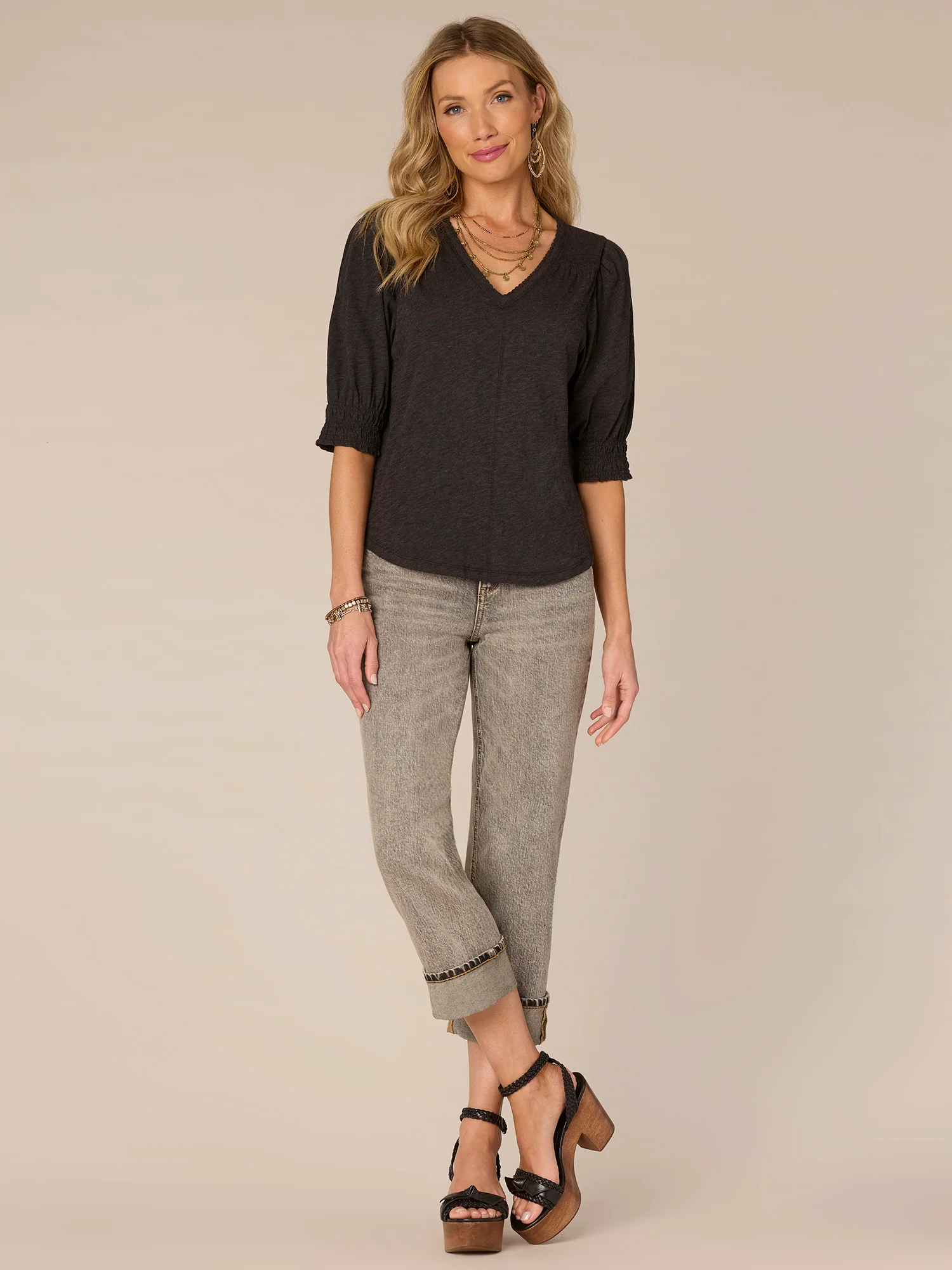 Elbow Blouson Sleeve Scallop V-Neck Knit Top with Smocking Detail - Legahigh