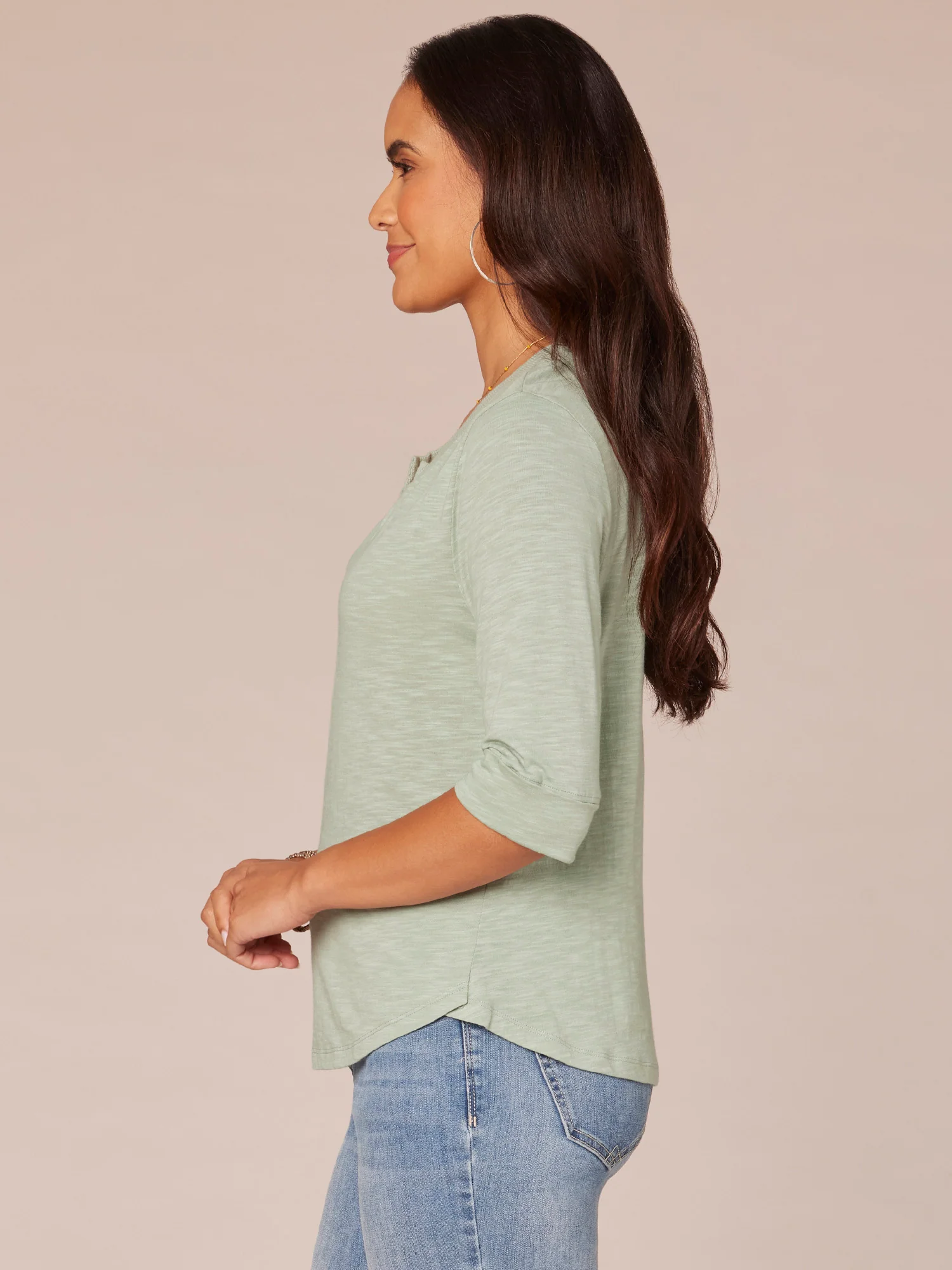 Elbow Roll Cuff Sleeve Split V-Neck Surplus Hem Knit Top - Legahigh