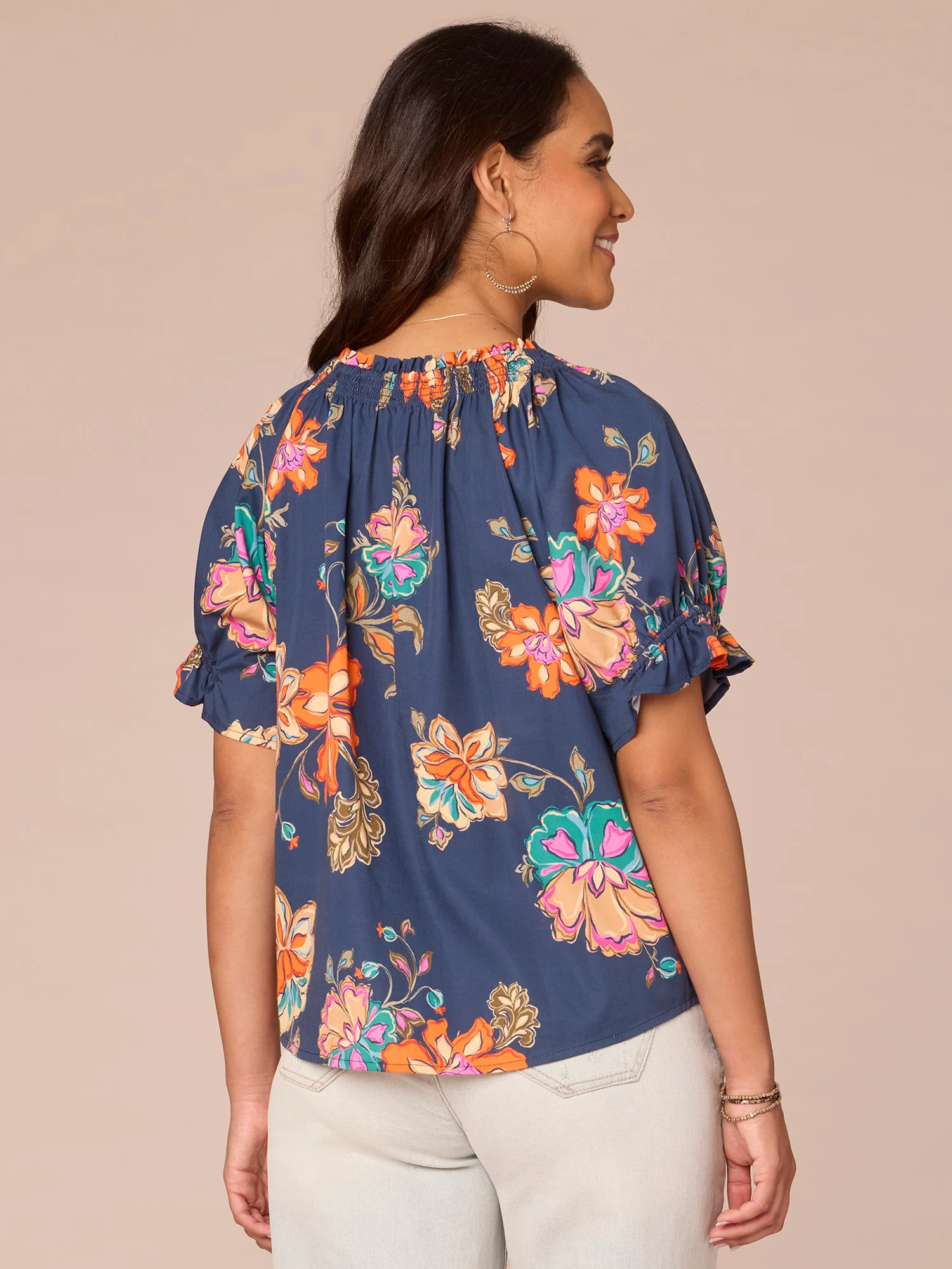 Short Sleeve Round Neck Floral Print Petite Woven Top with Smocking - Legahigh