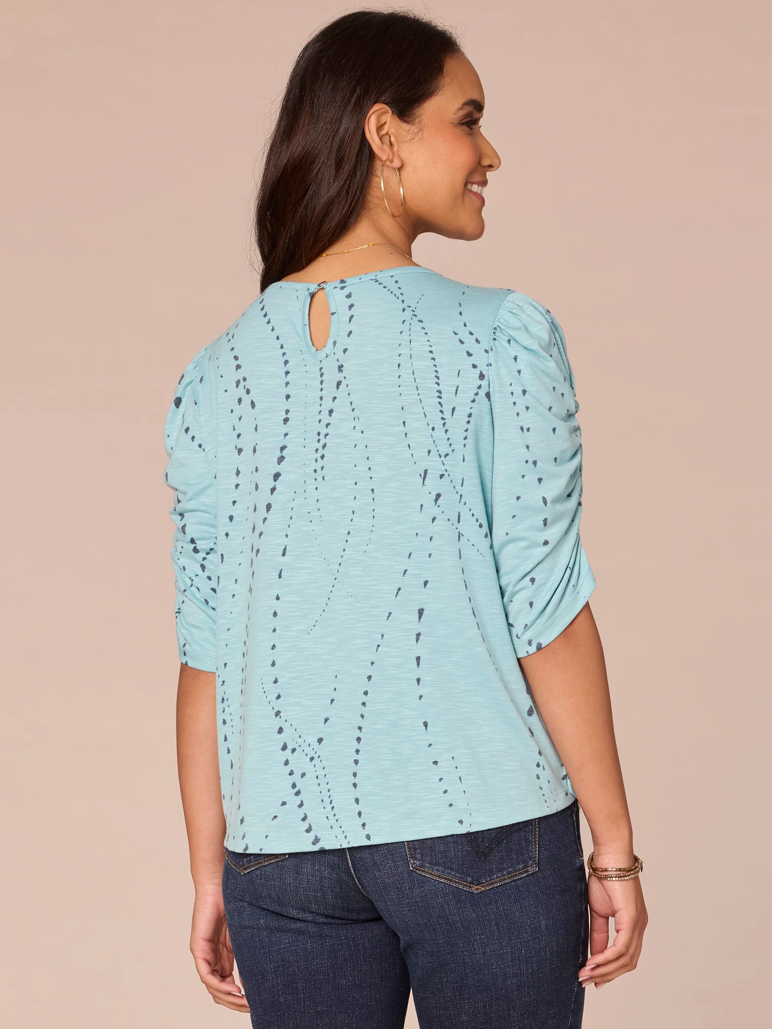 Ruched Elbow Sleeve Scoop Neck Dot Print Knit Top - Legahigh