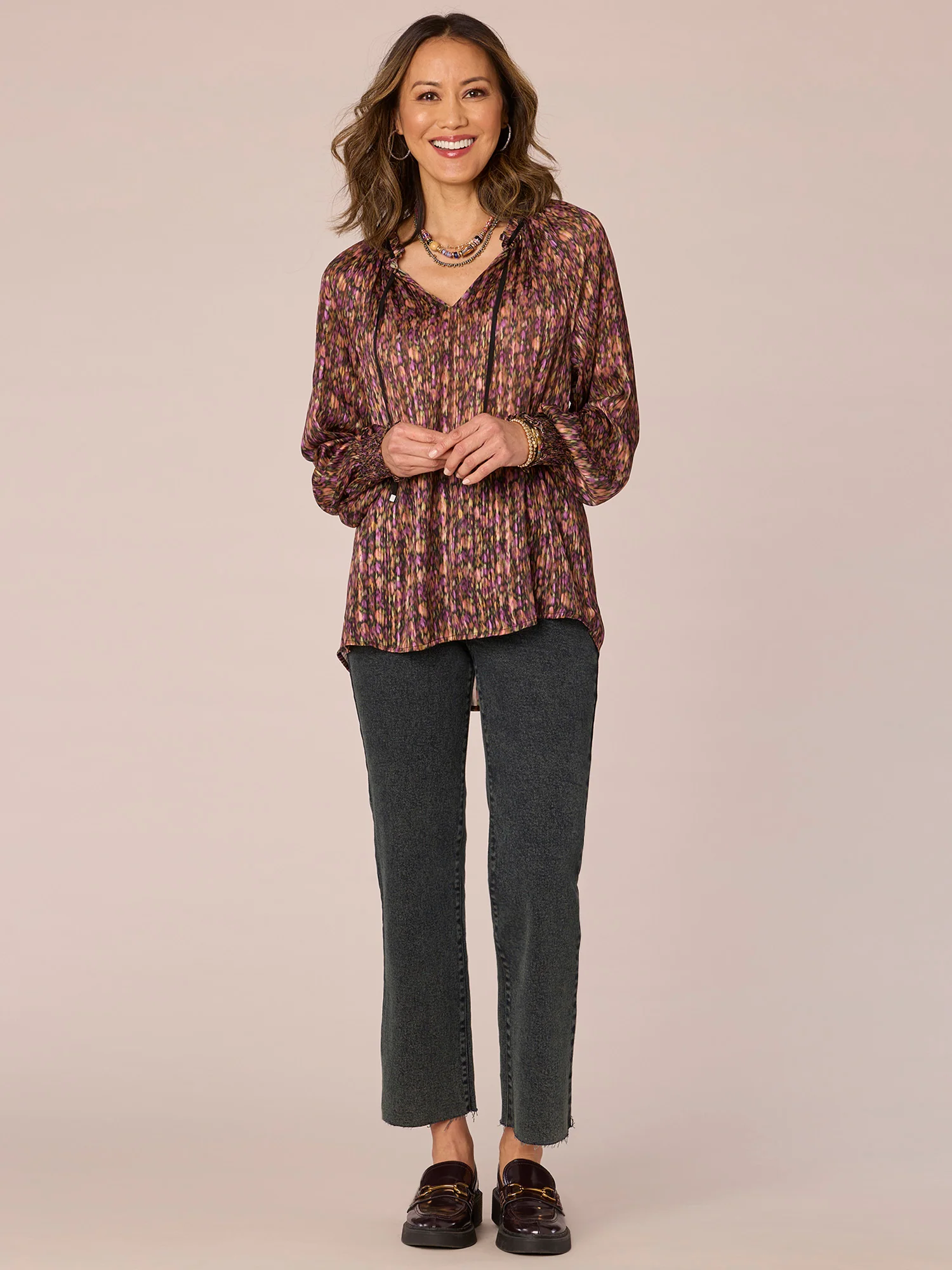 Long Ruffle Edge Sleeve Split V-Neck Abstract Print Petite Woven Top - Legahigh