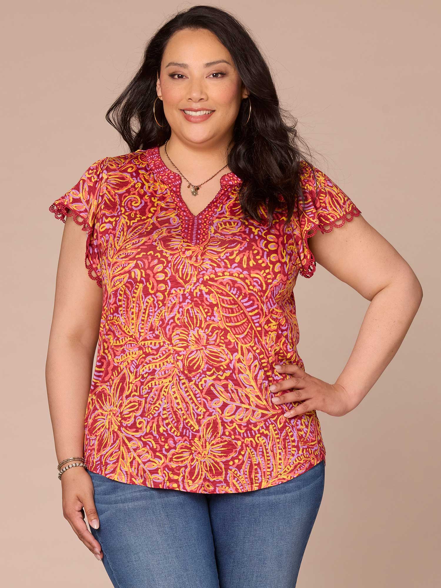 Short Flutter Sleeve Notch Neck Abstract Print Plus Size Knit Top - Legahigh