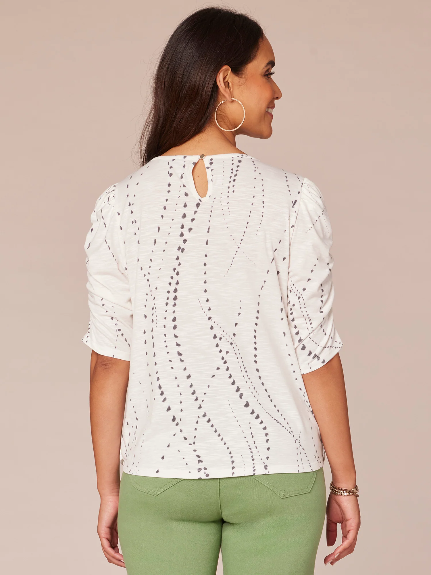 Ruched Elbow Sleeve Scoop Neck Dotted Print Keyhole Petite Knit Top - Legahigh