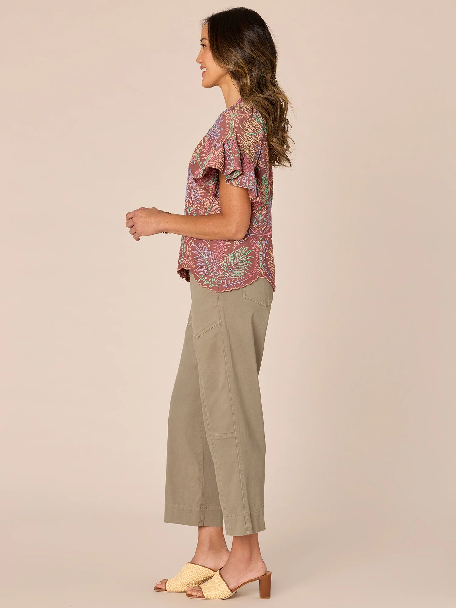 Short Sleeve Ruffle Split Neck Embroidered Printed Woven Top - Legahigh