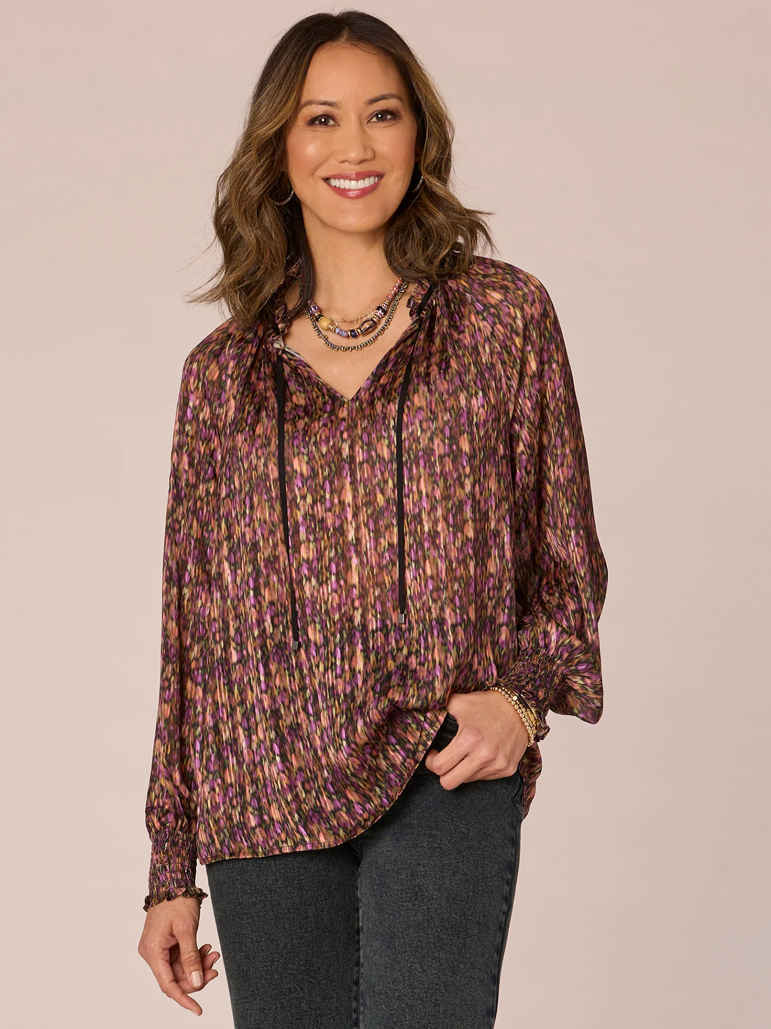 Long Ruffle Edge Sleeve Split V-Neck Abstract Print Petite Woven Top - Legahigh