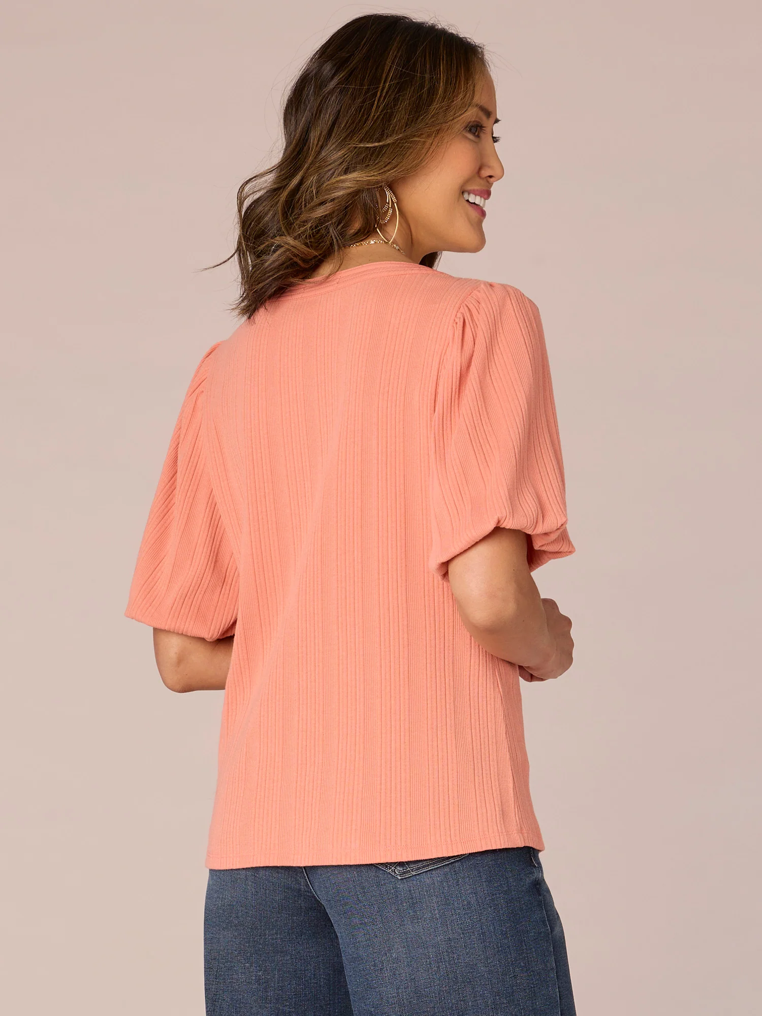 Short Blouson Puff Shoulder Sleeve Scoop Neck Mixed Media Knit Top - Legahigh