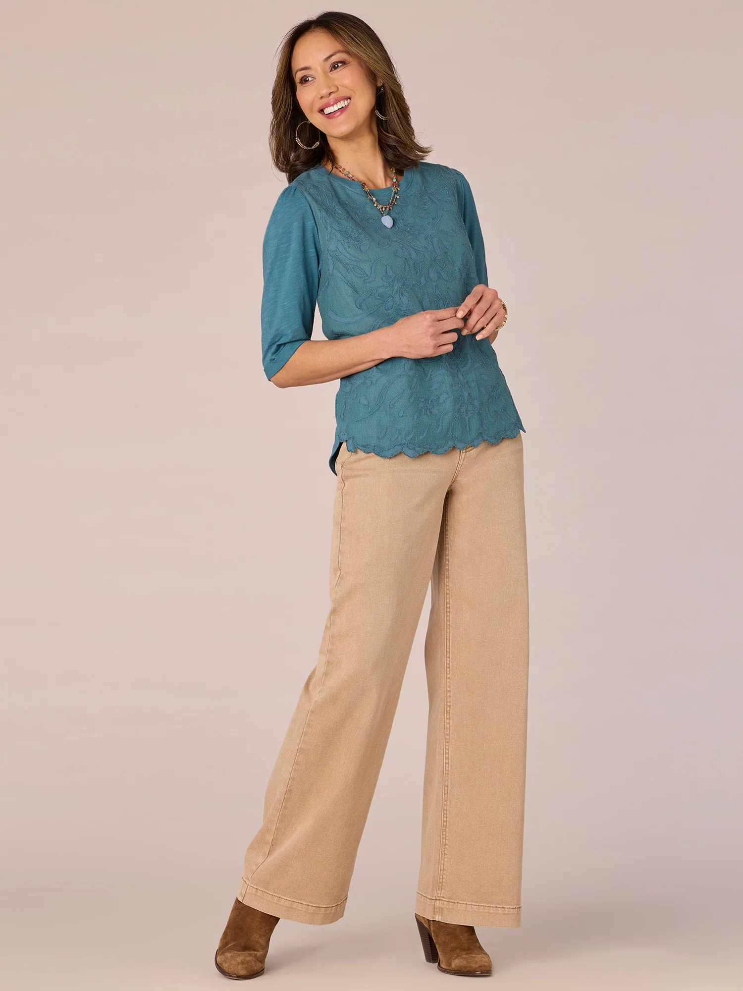 Elbow Puff Sleeve Round Neck Embroidered Die Cut Front Woven Top - Legahigh