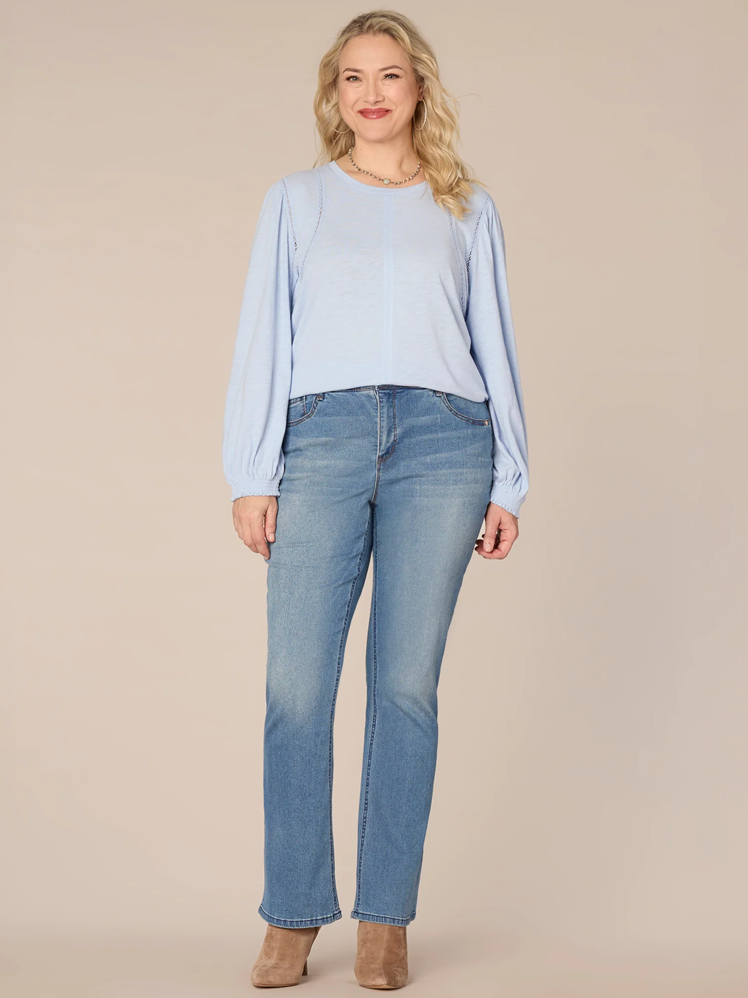 Long Puff Sleeve Crew Neck Ladder Crochet Detail Plus Size Knit Top - Legahigh