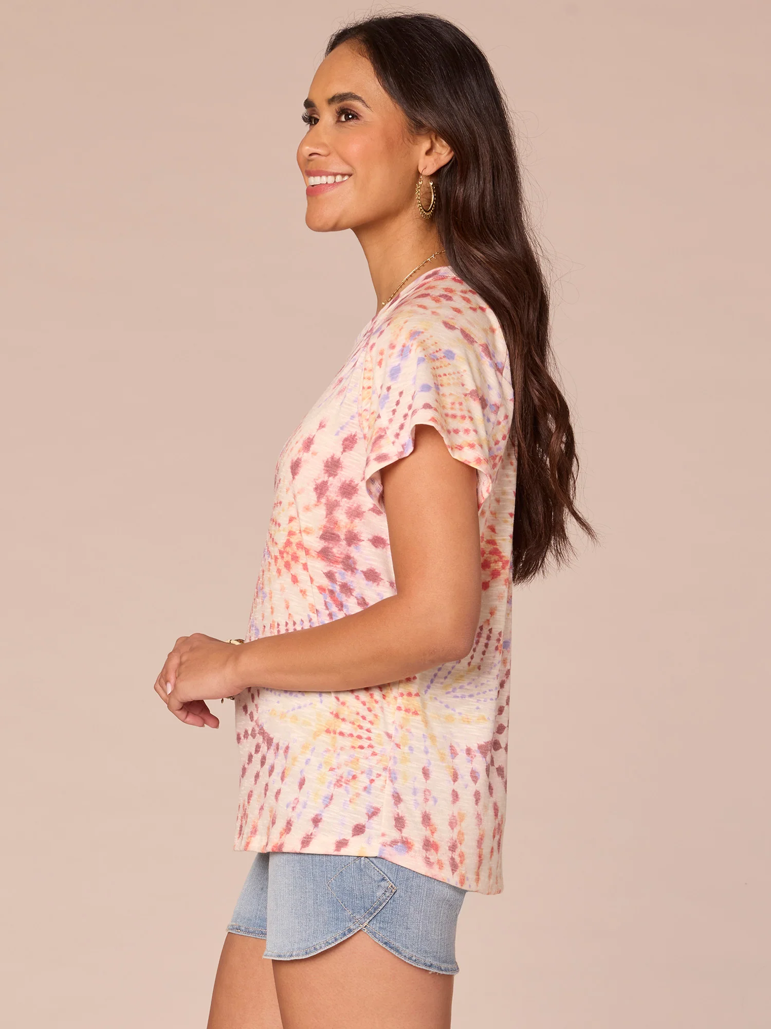 Petite Short Sleeve Scoop Neck Printed Knit Boyfriend Tee - Legahigh