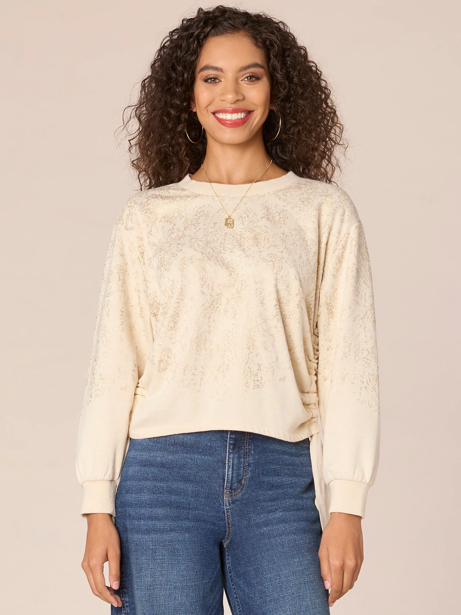 Long Sleeve Boatneck Foil Placement Print Knit Top with Drawstring Hem - Legahigh