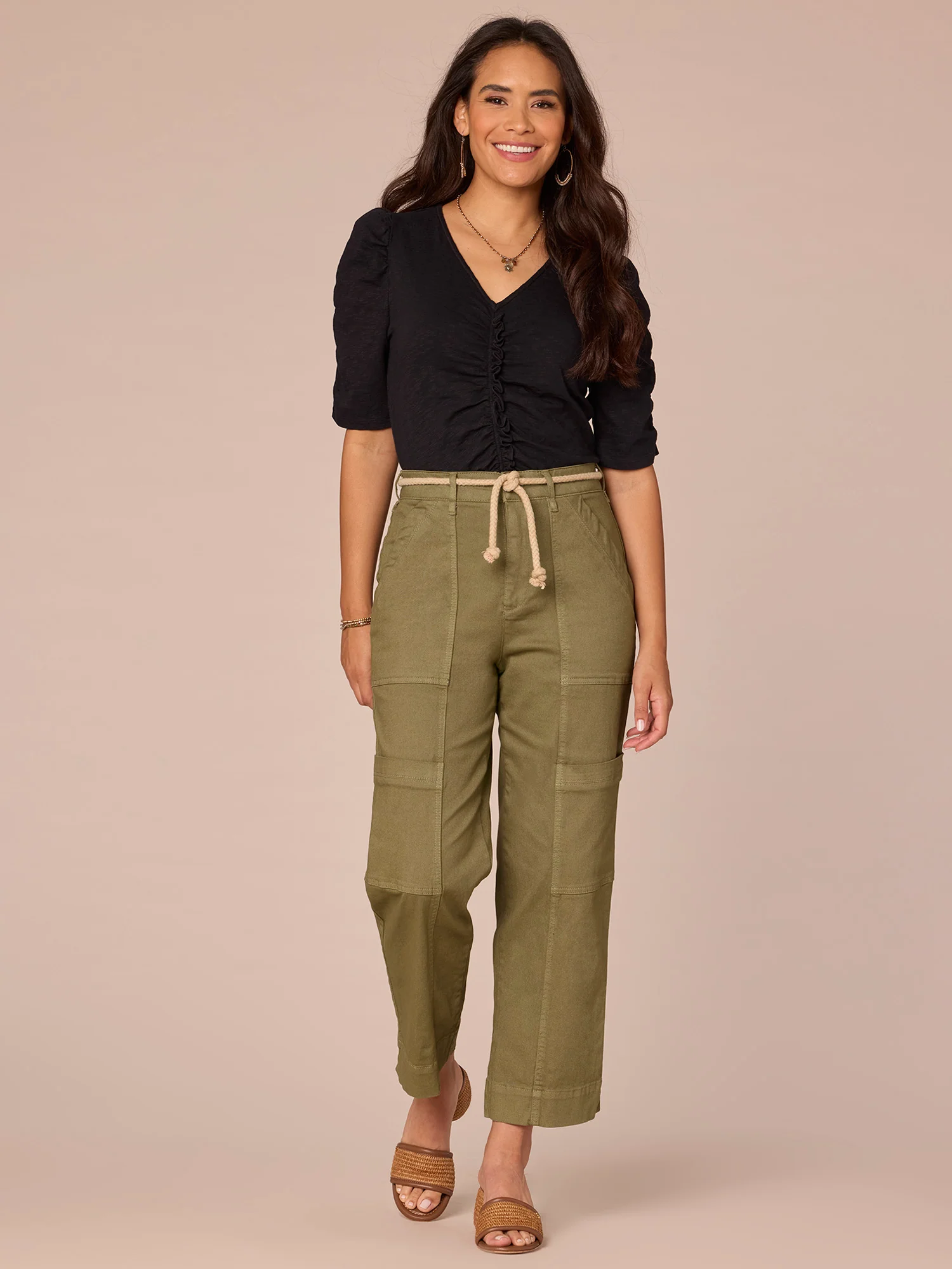 Elbow Shirred Puff Sleeve V-Neck Ruched Front Knit Top - Legahigh