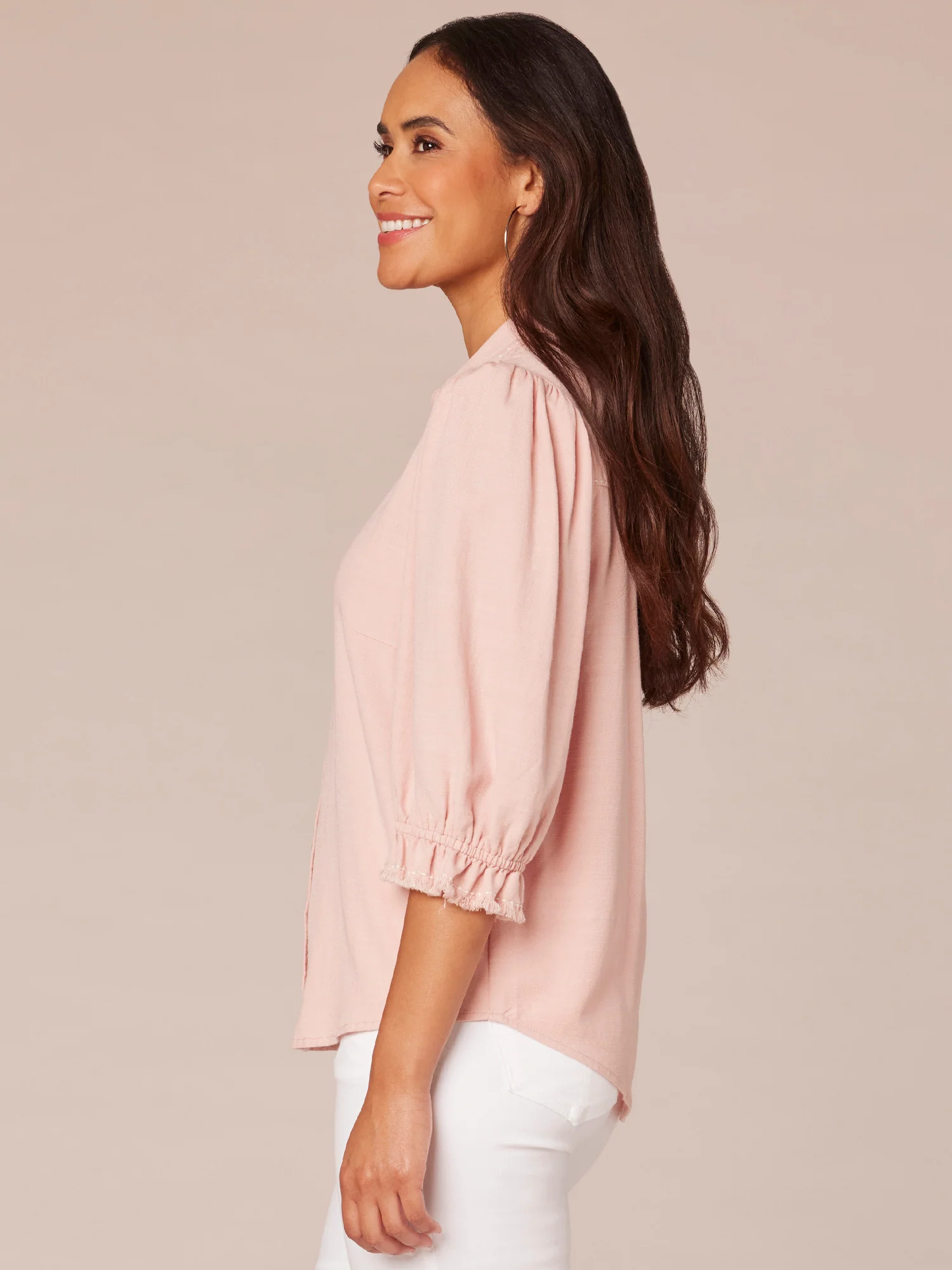 Below Elbow Sleeve Collar V-Neck Western Yoke Snap Button Woven Shirt - Legahigh