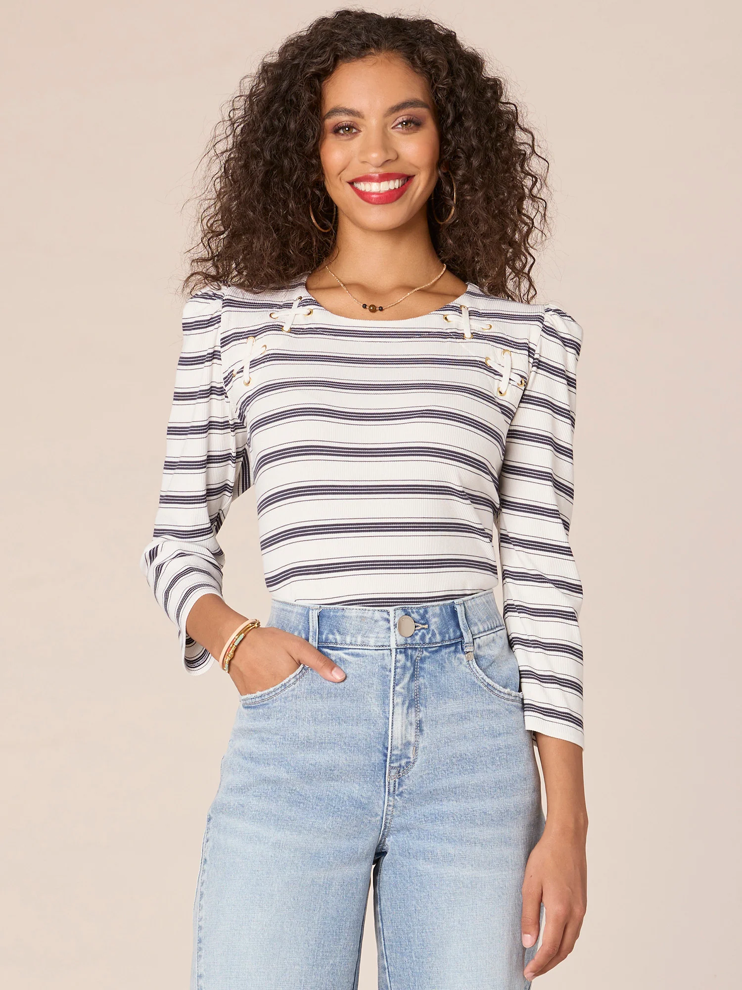 Three Quarter Sleeve Scoop Neck Lace Up Yoke Stripe Print Knit Top - Legahigh