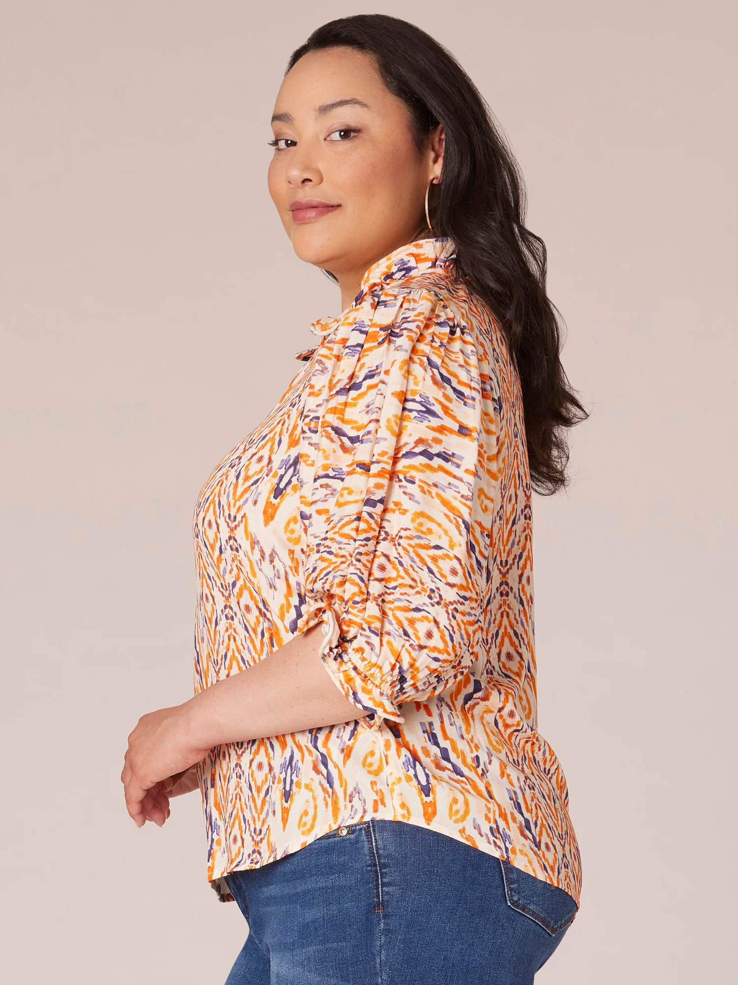 Below Elbow Sleeve Curl Edge Ruffle Neck Printed Plus Size Woven Top - Legahigh