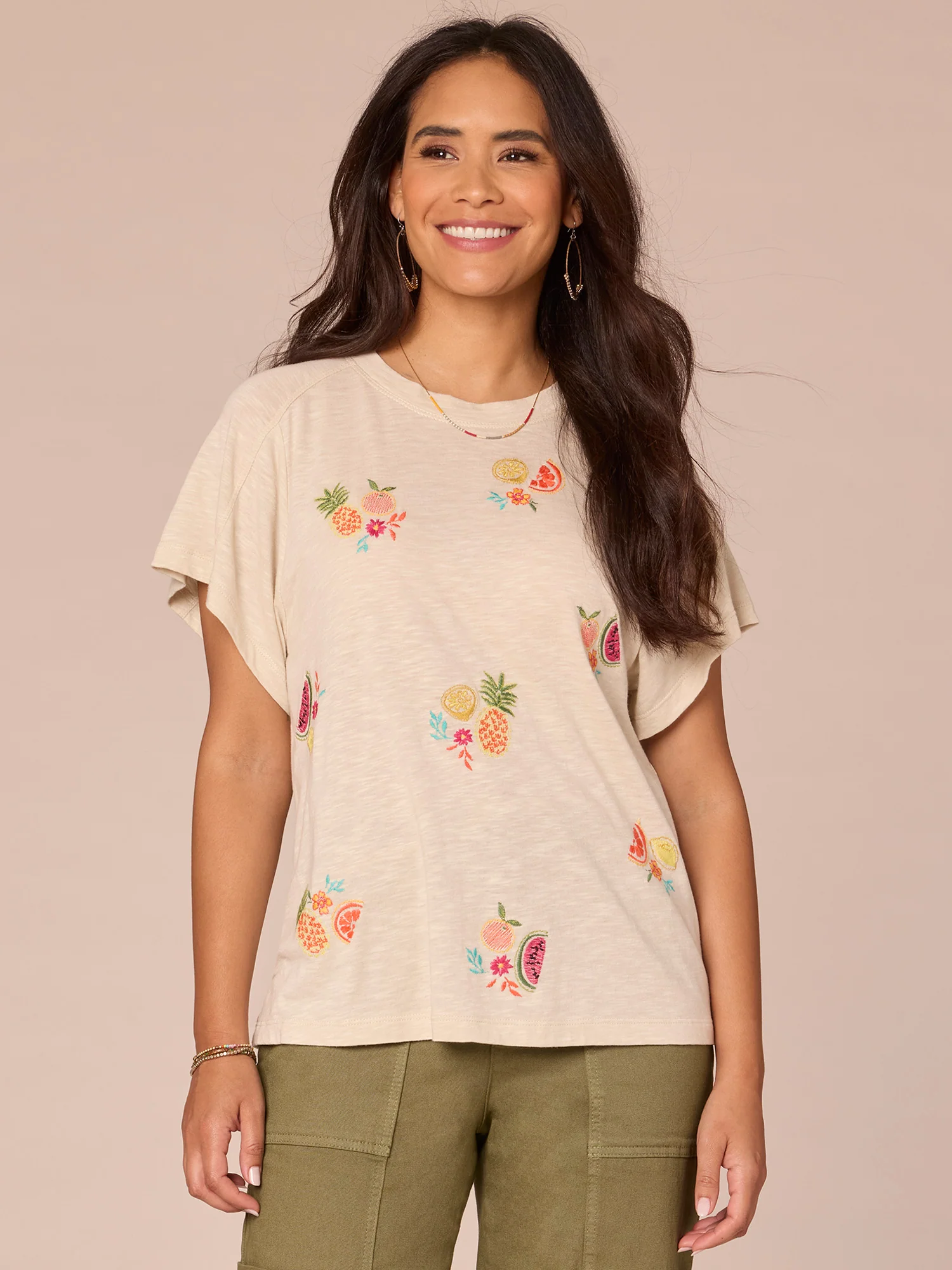 Short Sleeve Scoop Neck Embroidered Fruit Knit Boyfriend Tee - Legahigh