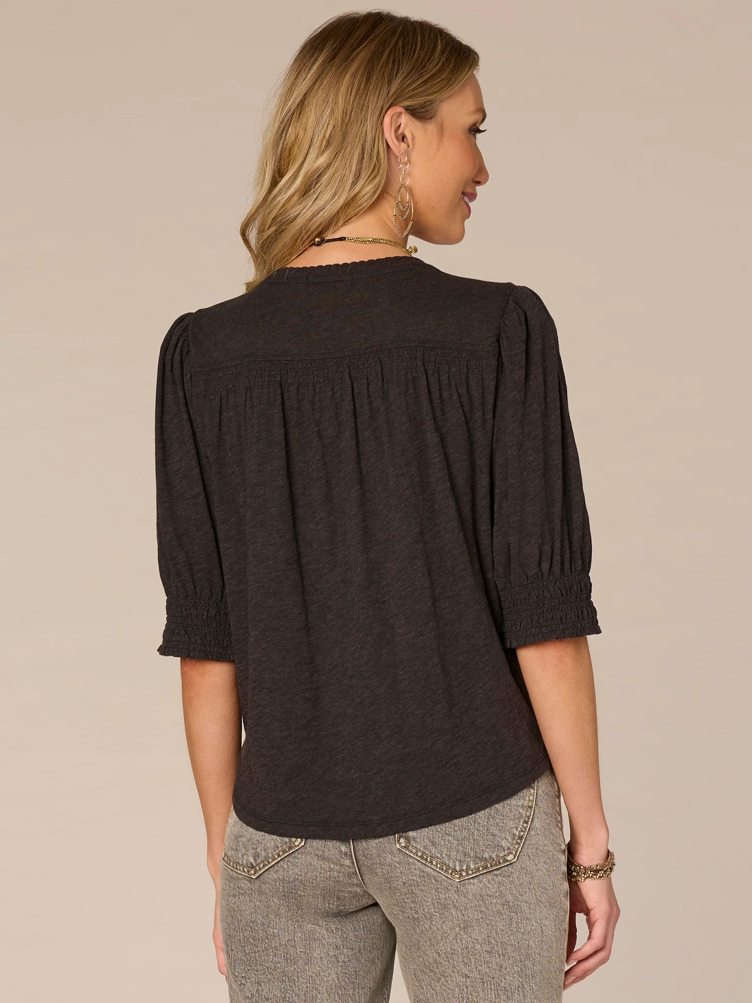 Blouson Sleeve V-Neck Plus Size Knit Top with Smocking Detail - Legahigh