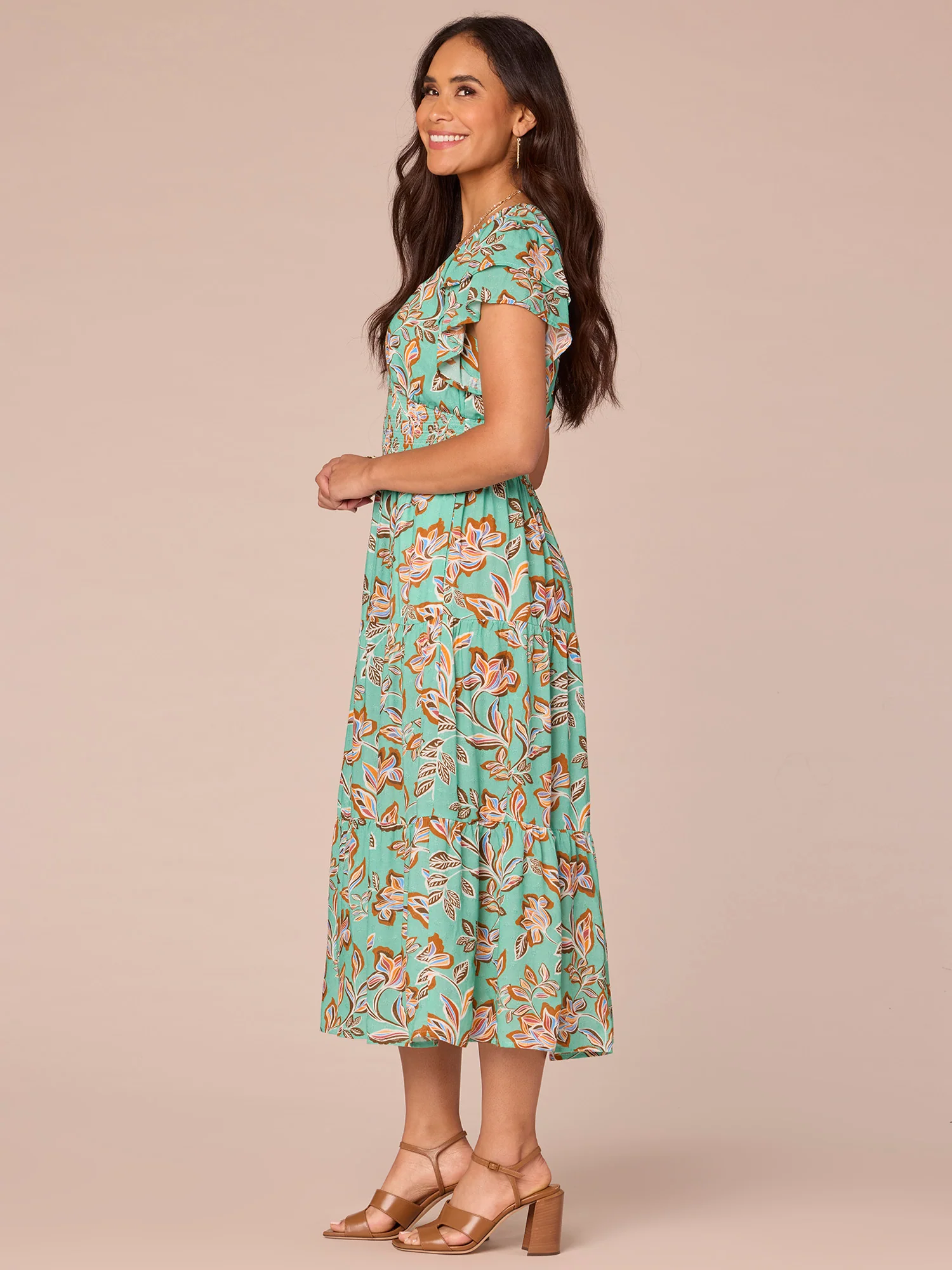 Double Flutter Sleeve V-Neck Smocked Waist Tiered Printed Woven Dress - Legahigh
