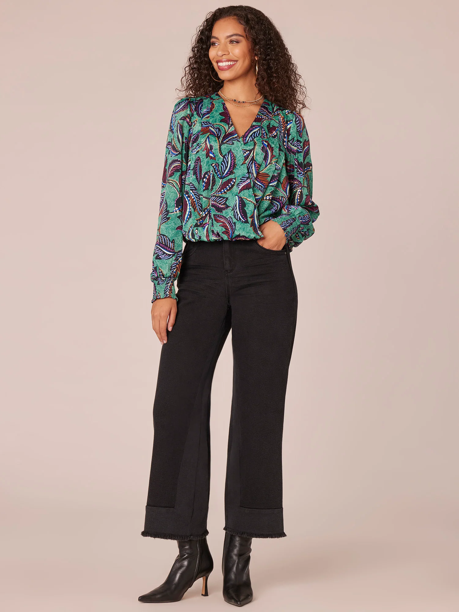 Long Blouson Sleeve Overlap Front V-Neck Leaf Print Woven Top - Legahigh