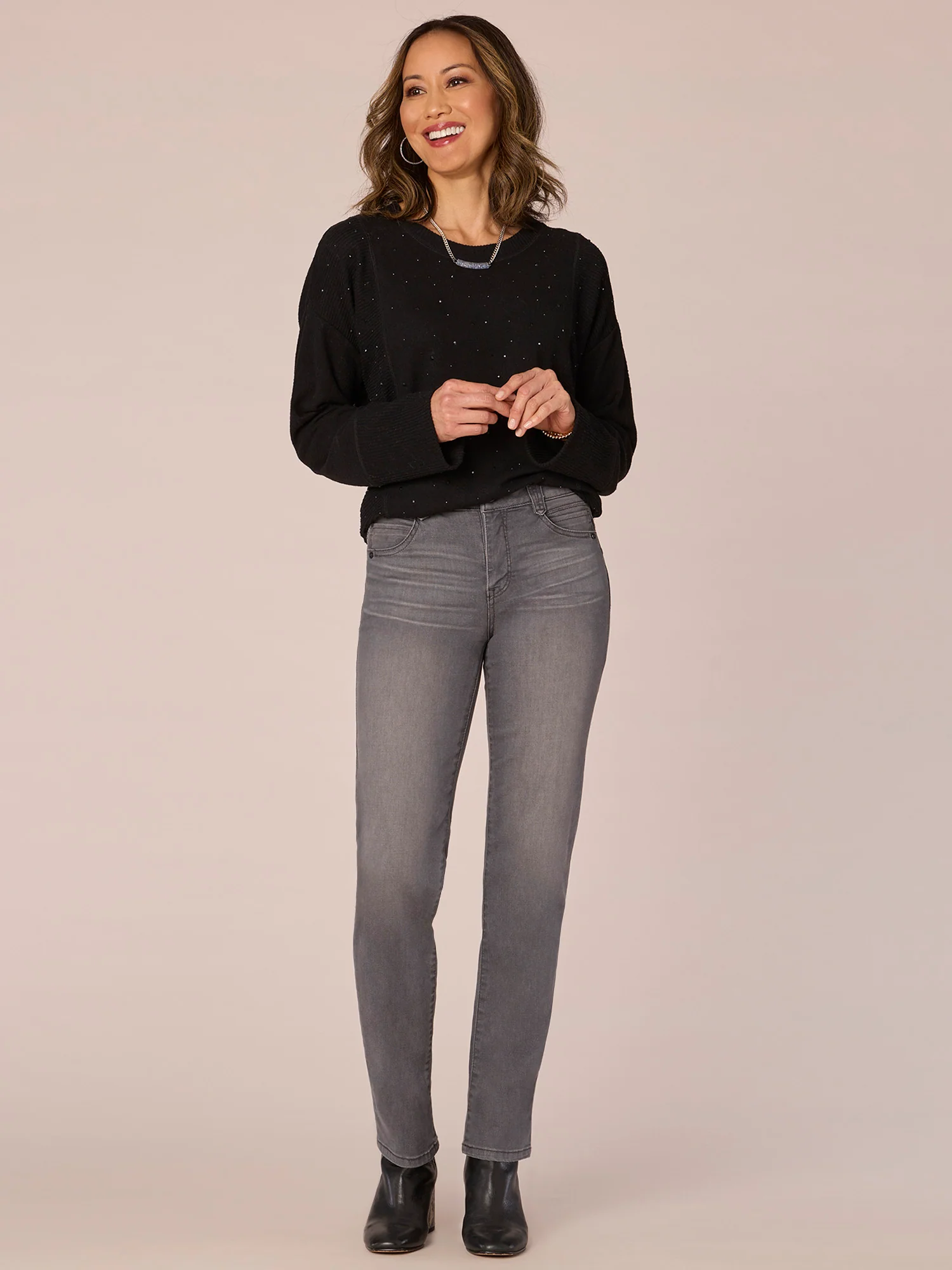 Straight Sleeve Scoop Neck Rhinestone Detail Hi-Low Petite Knit Top - Legahigh