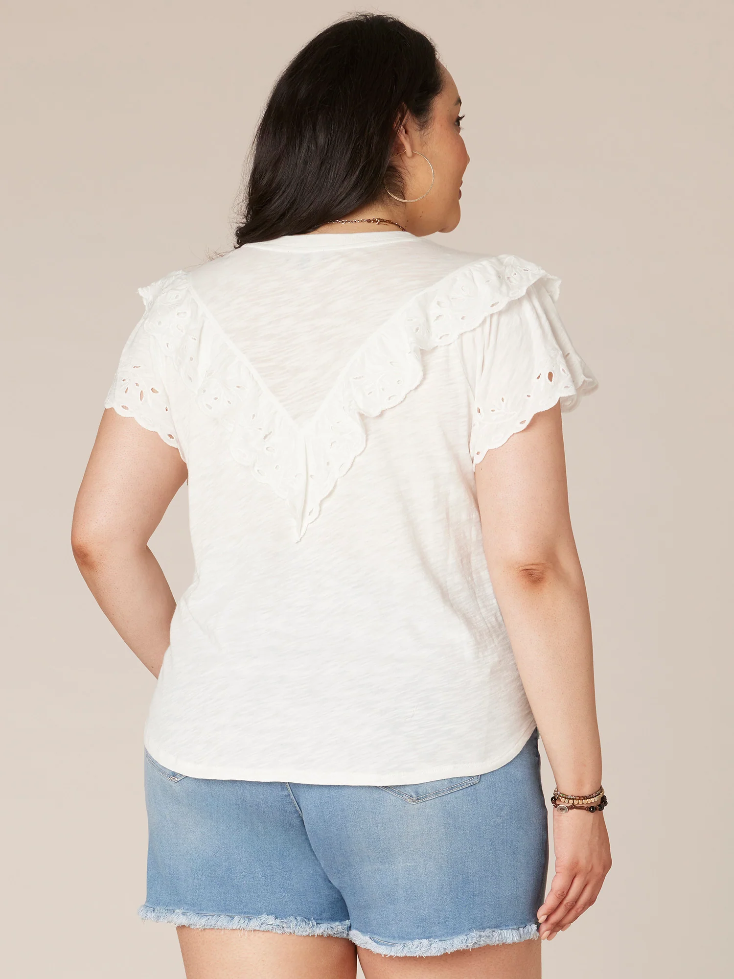 Short Ruffle Raglan Sleeve Scoop Neck V-Yoke Plus Size Knit Top - Legahigh