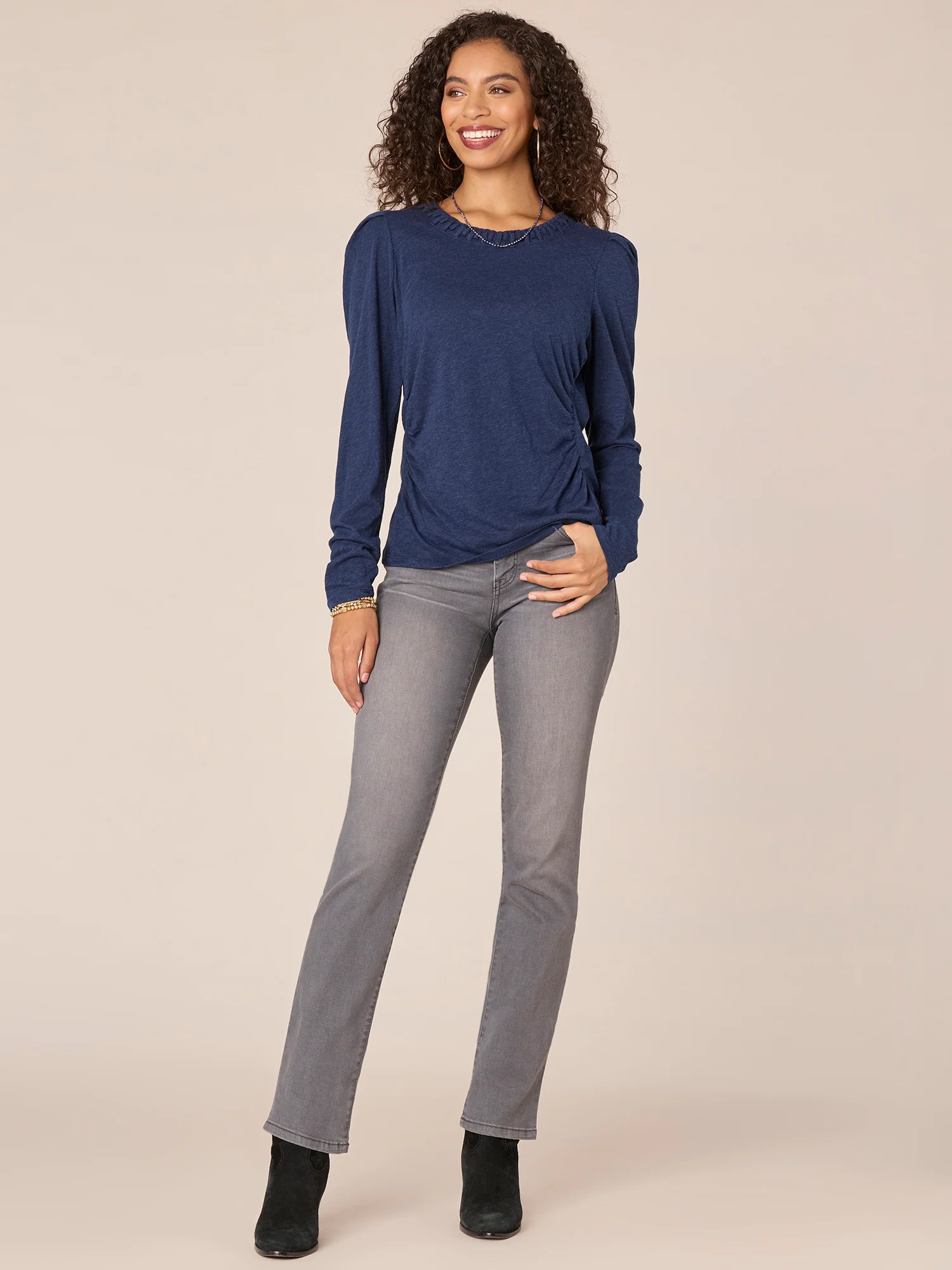 Long Sleeve Soutache Embroidered Neck Ruched Petite Knit Top - Legahigh