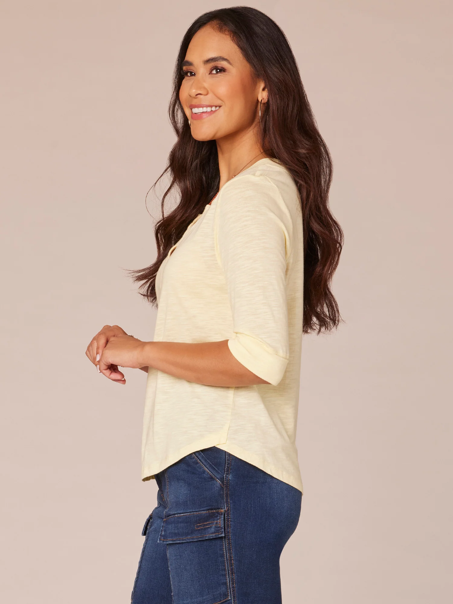Elbow Roll Cuff Sleeve Split V-Neck Surplus Hem Knit Top - Legahigh