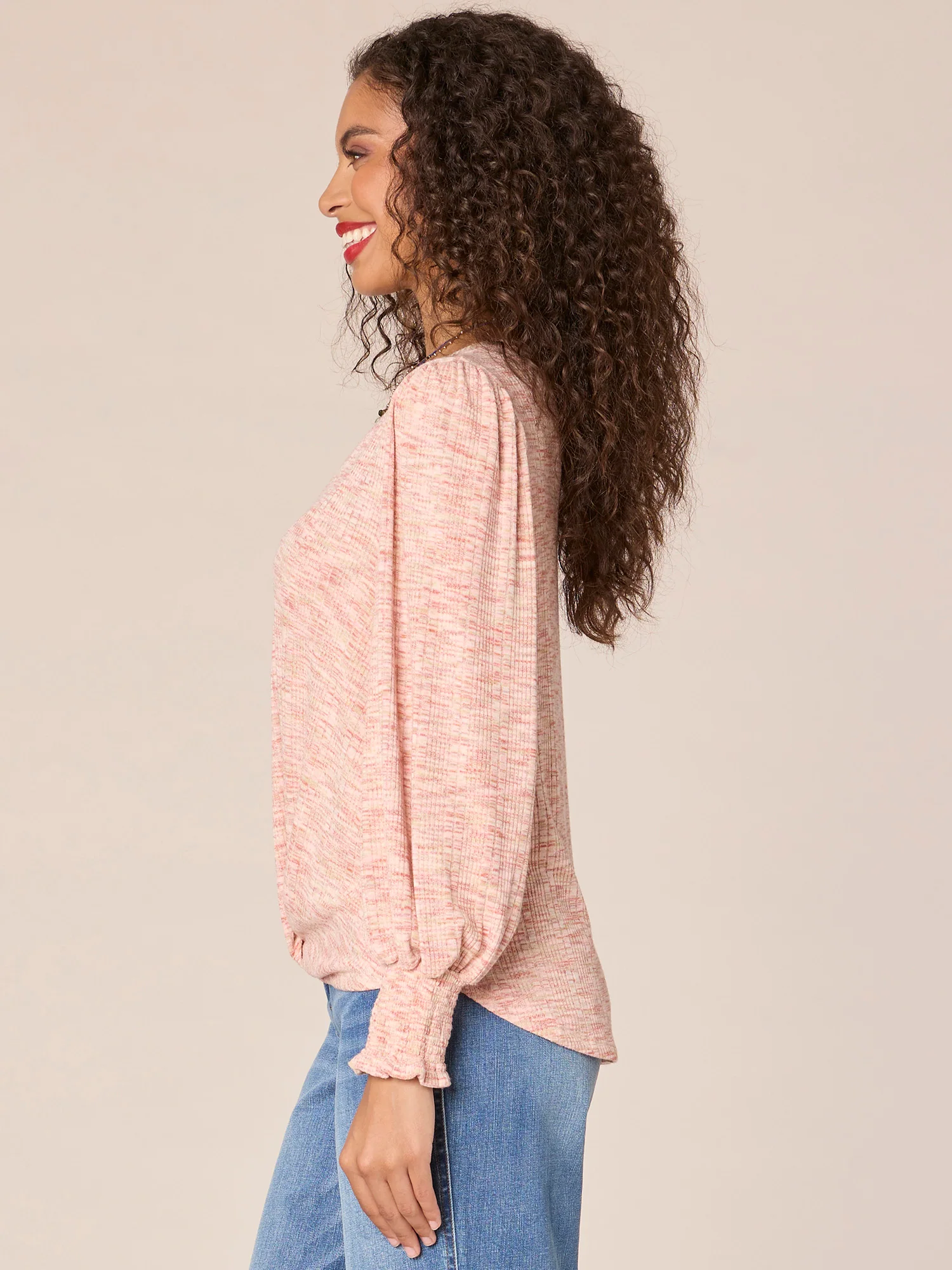 Long Smocked Sleeve V-Neck Twisted Front Hem Petite Knit Top - Legahigh